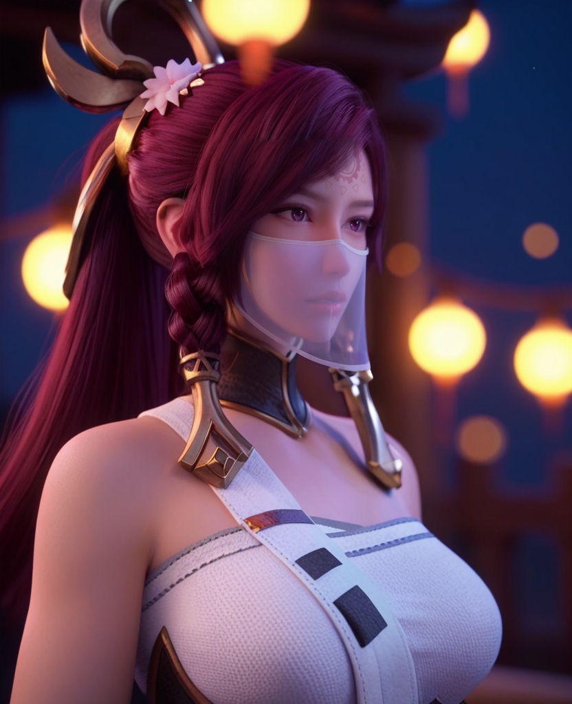 (oriental architecture, elegant decor, sophisticated style:1.1),(Standing with one foot on a step or platform:1.1),(large breasts:1.2),<lora:XL王者荣耀伽罗:0.95>,miss jialuo,purple right side robe layered on top of white sarashi,red hair,ponytail,twin braids,hair ornament,hair tubes,detached collar,armored dress,forehead mark,bangs,purple eyes,hair flower,white thighhighs,(veil:1.1),, score_9,score_8_up,score_7_up,score_6_up,score_5_up,score_4_up,3d rendering,tag1,tag2, Cinematic Lighting,backlighting,, zPDXL3, zPDXL2,zPDXL, zPDXLxxx, zPDXLrl,