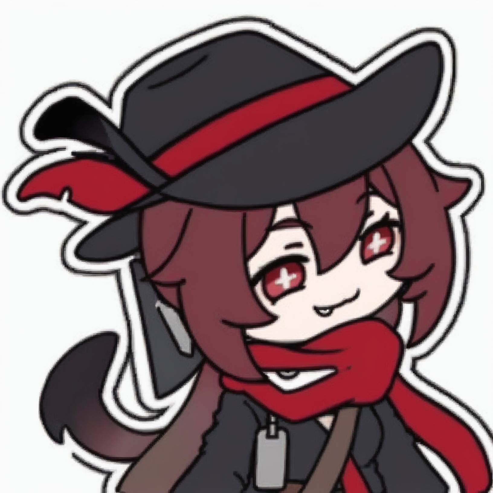 masterpiece, best quality,cowboy hat,outline,Simple background, 1girl, solo,red hair, black hat, hat feather, red scarf, black jacket, dog_tags, chibi, , , :3, , solo, , , chibi, , , , virtual_youtuber, , white_background, drooling, solid_circle_eyes, , smile,<lora:Texture2DjiXLlokr4f-000142:0.95> <lora:JXXLV1-000062:1>