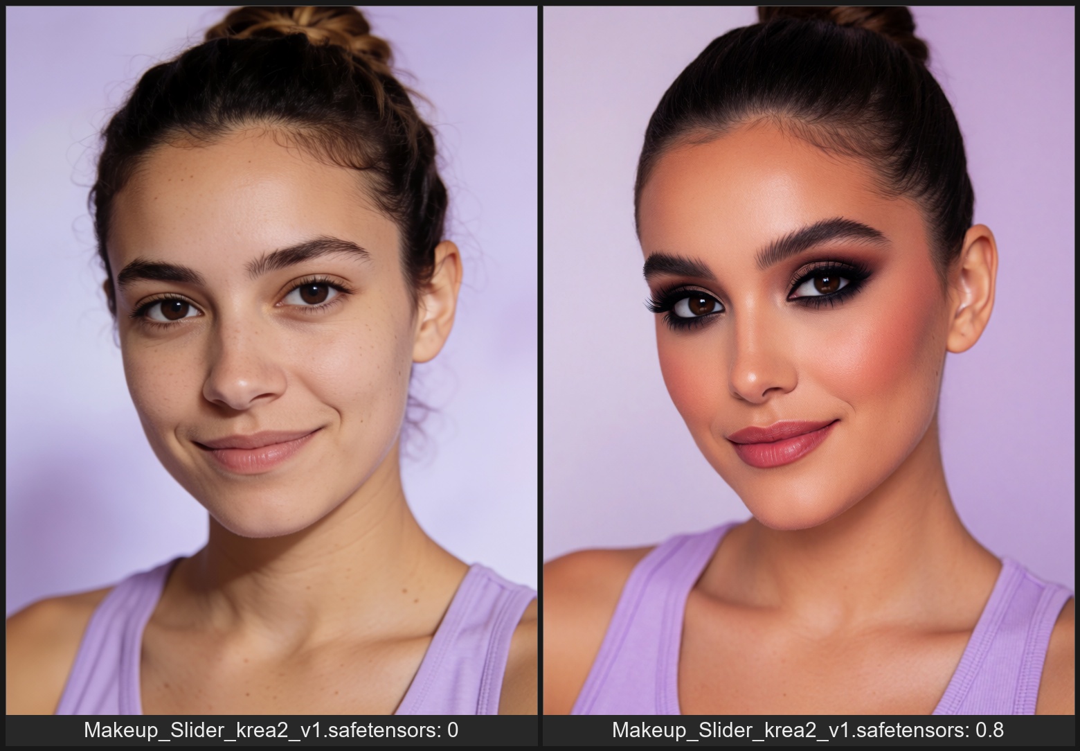 A close-up portrait of a young woman with dark brown eyes and a slight smile on her face. Her hair is pulled back into a b...