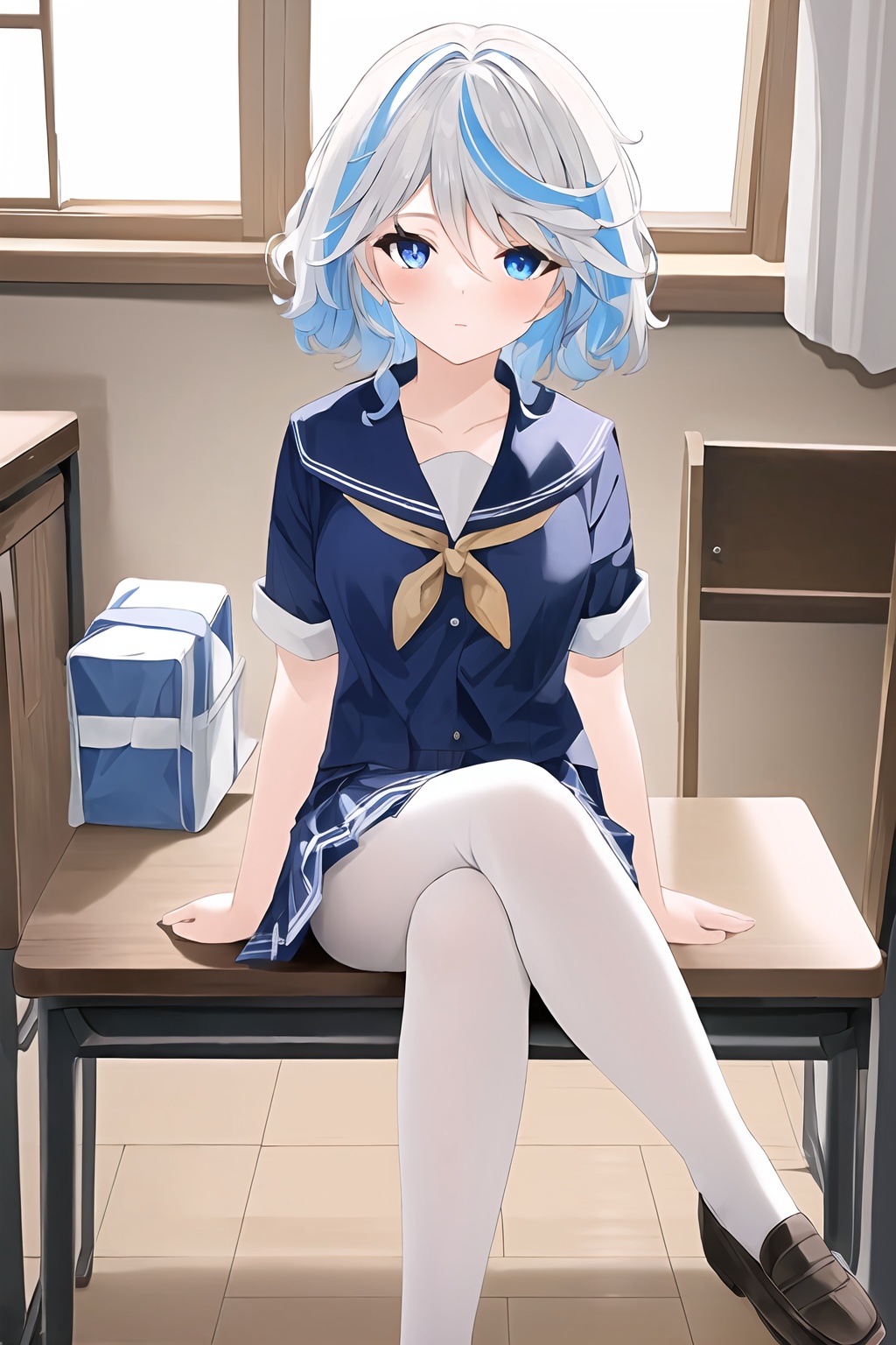 (masterpiece, best quality:1.2),Furina_Ousia,heterochromia,short hair,crossed legs,sitting on object,indoors,school uniform,indoors,bedroom,white school uniform,<lora:wsal:0.4>,white pantyhose,serafuku,plaid_skirt,pleated skirt,<lora:Furina-000006:0.8>,