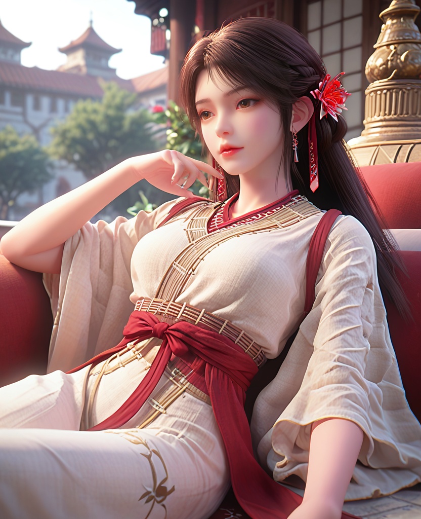 (oriental architecture, elegant decor, sophisticated style:1.1),lying on back, perpendicular to the camera,(breasts:1.2),<lora:XL完美世界火灵儿火桑女>,miss huosangnv,solo,cambric dress,brown sash,red fart curtain,red straps,brown eyes,black hair,long hair,hair flower,earrings,earlock,lips,hair ribbon,wide sleeves,, zPDXL2, score_9, score_8_up, score_7_up BREAK realistic, masterpiece,best quality, highly detailed,, zPDXL3, zPDXL2,zPDXL, zPDXLxxx, zPDXLrl,