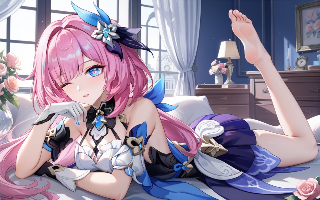 0,jw,Torino,Noyu,1girl, pink hair, blue eyes, one eye closed, barefoot, long hair, on stomach, lying, solo, indoors, toes, looking at viewer, feet, flower, elysia (honkai impact), open mouth, window, soles, nail polish, gloves, hair ornament, bare shoulders, multicolored hair, bangs, symbol-shaped pupils, breasts, curtains, feet up, the pose,(UHD),anatomically correct,ccurate,textured skin,super detail,high details,award winning,best quality,high quality,retina,16k,HD,1080P,8k,
