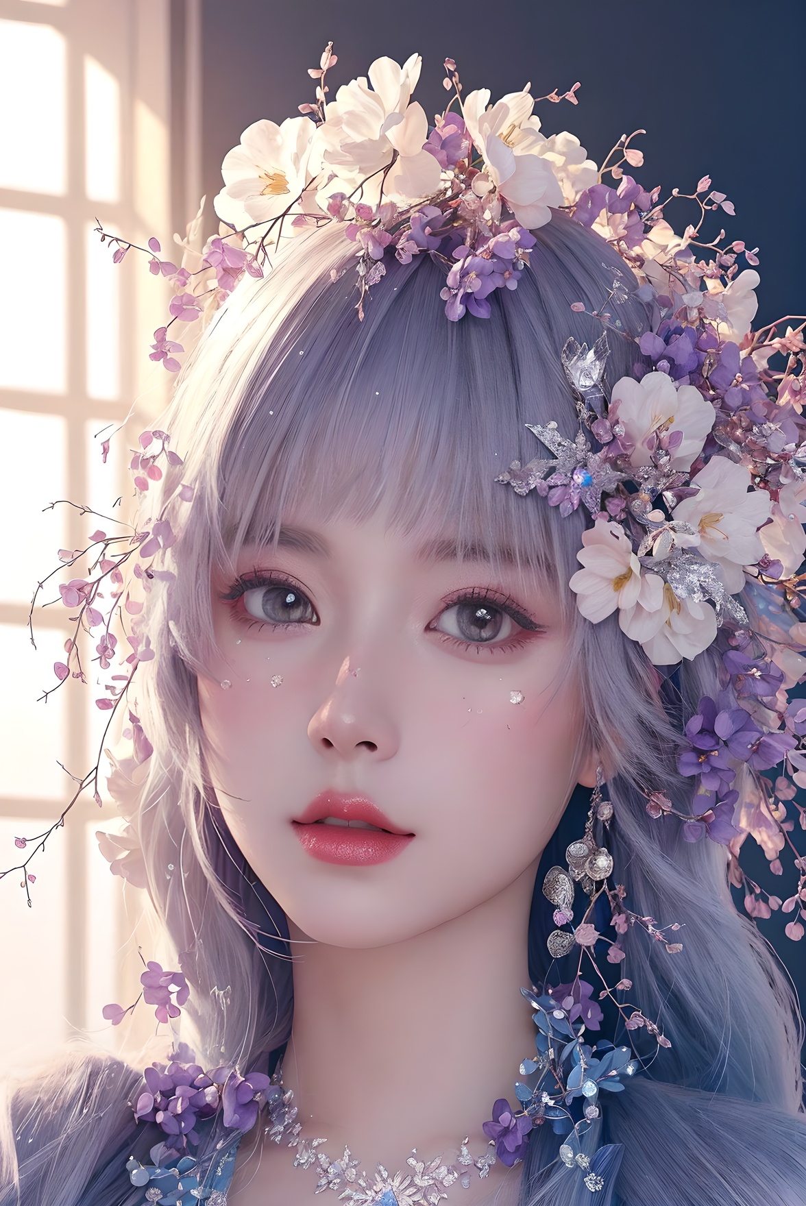 <lora:Fashion_Girl:0.66>purple  theme,  snowflakes,  looking at viewer,  portrait,  colorful hair,  jewelry,  close up,  ultra high res,  deep shadow, (best quality,  masterpiece),  dimly lit,  shade, highly detailed,  bold makeup,  flower,  simple background,  depth of field,  film grain,  fashion_girl,  accessories, High detailed, (masterpiece,high quality,best quality),(colorful),(delicate eyes and face),volumatic light,ray tracing,extremely detailed CG unity 8k wallpaper,solo, indoors, palace, lights, window, decorations,(ahoge:1.3),best quality,official art,(((light from the sky))),floating hair,light shines on hair,whultra-detailed,(((extremely detailed cg 8k wallpaper))),(crystalstexture skin:1.4),(extremely delicate and beautiful),(white skin),looking_at_viewer,kinghere fensejiaren,,realistic,