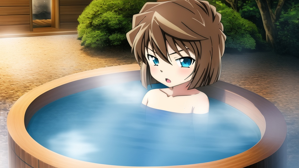 <lora:huiyuanai3.3:1>,1girl,child,fair_skin,blue eyes,light brown hair,NSFW,chest,small_breasts,huge filesize,loli,kawaii,Hot spring,panorama,looking_at_viewer,hands_on_own_chest,bathing,