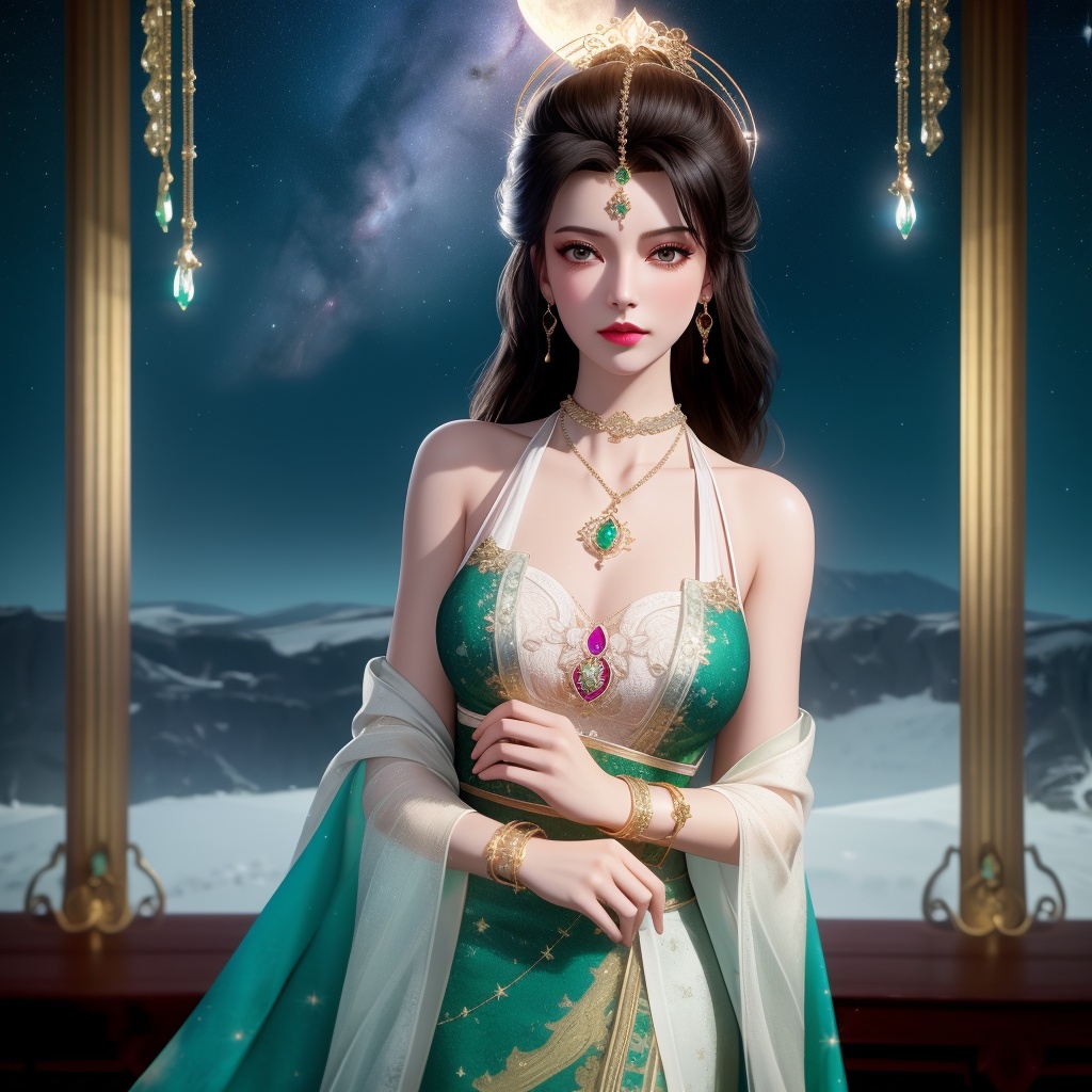 <lora:763-DA-仙逆-墨云:0.8>, (,1girl, ,best quality, ),looking at viewer,masterpiece(,1girl,night, starry sky, milky way,outdoors, full moon,  night sky, darkness,  world of darkness, , ) ,ultra realistic 8k cg,   clean, masterpiece,     (( , )),, , , prestige, luxury, jewelry, diamond, gold, pearl, gem, sapphire, ruby, emerald, intricate detail, delicate pattern, charming, alluring, seductive, erotic, enchanting, hair ornament, necklace, earrings, bracelet, armlet,halo((, )), (),