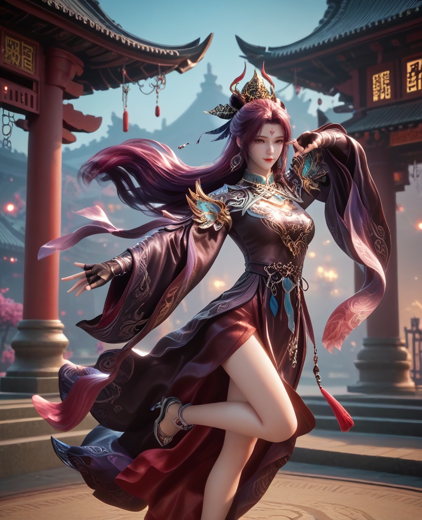 (oriental architecture, elegant decor, sophisticated style:1.1),(playing on the swing:1.1),(breasts:1.2),<lora:XL16牧神记司幼幽:0.95>,miss siyouyou,aubergine tiered gown,brown eyes,forehead mark,red violet hair,very long hair,traditional chinese updo with long cascading hair,jewelry,wide flowing sleeves,shawl,black fingerless gloves,amaranth underskirt,, score_9,score_8_up,score_7_up,score_6_up,score_5_up,score_4_up,3d rendering,tag1,tag2, Cinematic Lighting,backlighting,