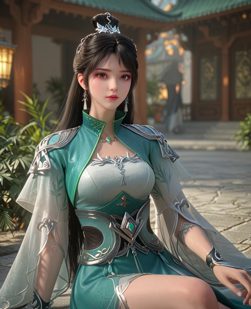 (oriental architecture, elegant decor, sophisticated style:1.1),(Sitting, on a chair, one leg crossed over the other,:1.1),(breasts:1.2),<lora:XL百炼成神路人欣欣:0.95>,miss xinxin,black hair,jewelry,dress,earrings,long hair,hair ornament,hair bun,necklace,green dress,brown eye,, zPDXL2, score_9, score_8_up, score_7_up BREAK realistic, masterpiece,best quality, highly detailed,, zPDXL3, zPDXL2,zPDXL, zPDXLxxx, zPDXLrl,