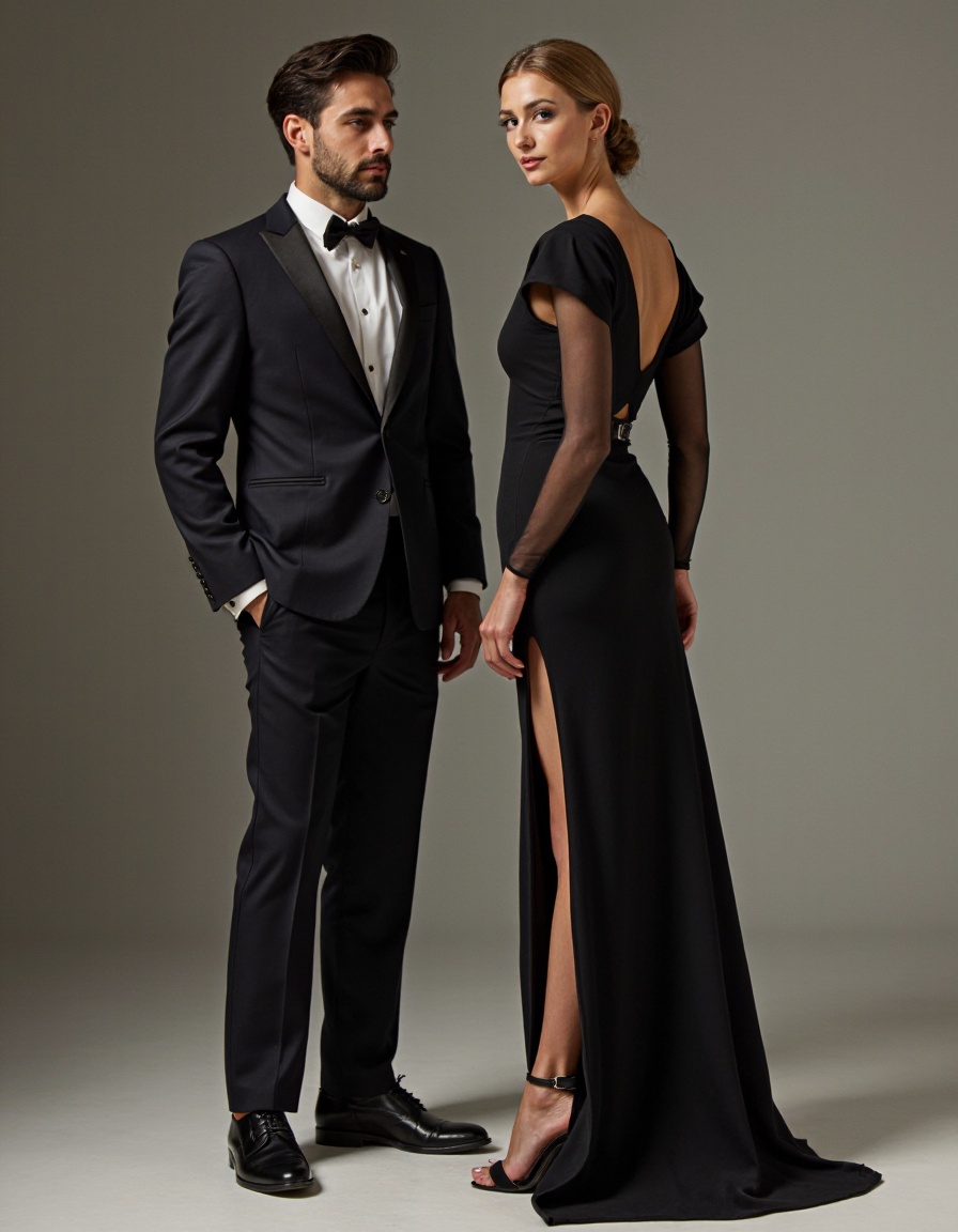 man and woman,suit,dress,full body,looking at viewer,realistic,leather shoes