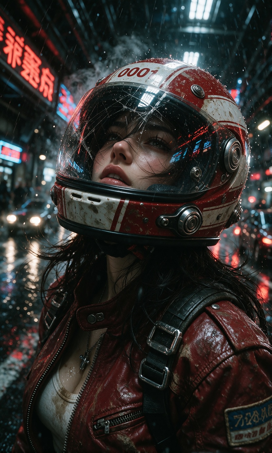 cinematic cyberpunk racing portrait,  woman wearing a battered red-and-white racing helmet marked 0001,  cracked visor ref...