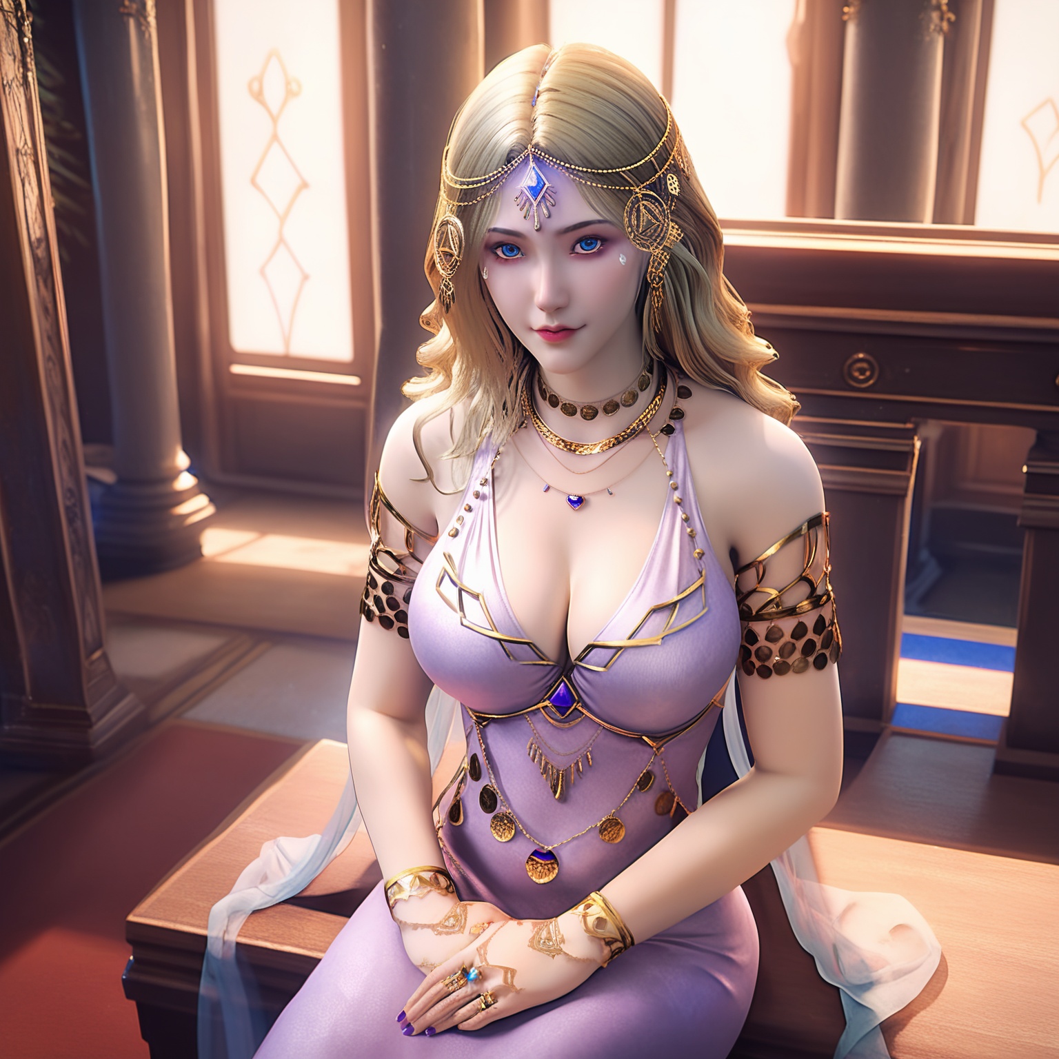 score_9,score_8_up,score_7_up,1girl,breasts,jewelry,long hair,necklace,cleavage,blonde hair,dress,solo,sitting,bracelet,blue eyes,large breasts,looking at viewer,realistic,circlet,ring,armlet,indoors,bare shoulders,gem,<lora:kadan firstclothe THv3:0.8>,