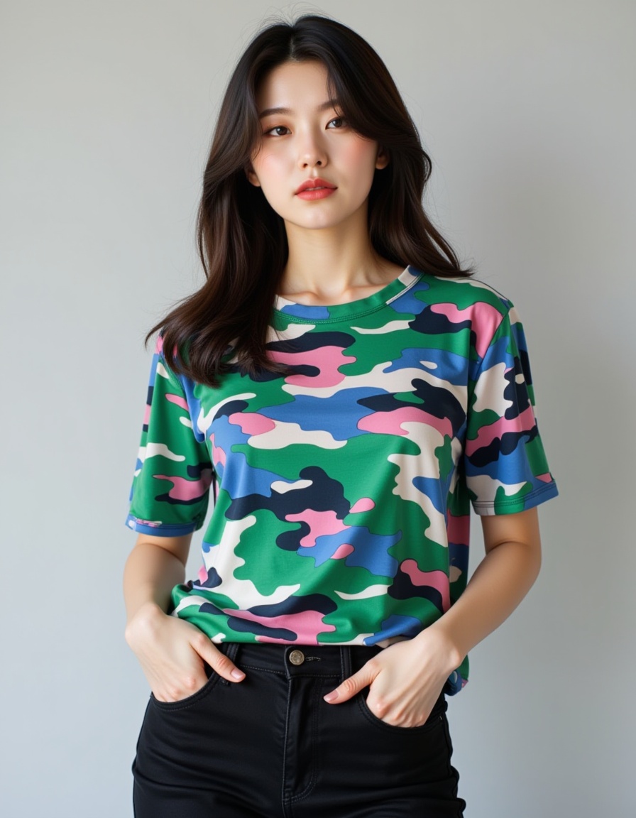 a real picture of a south korea woman,In Camouflage print t-shirt in vibrant shades of green,blue,and pink,Black skinny Jeans,