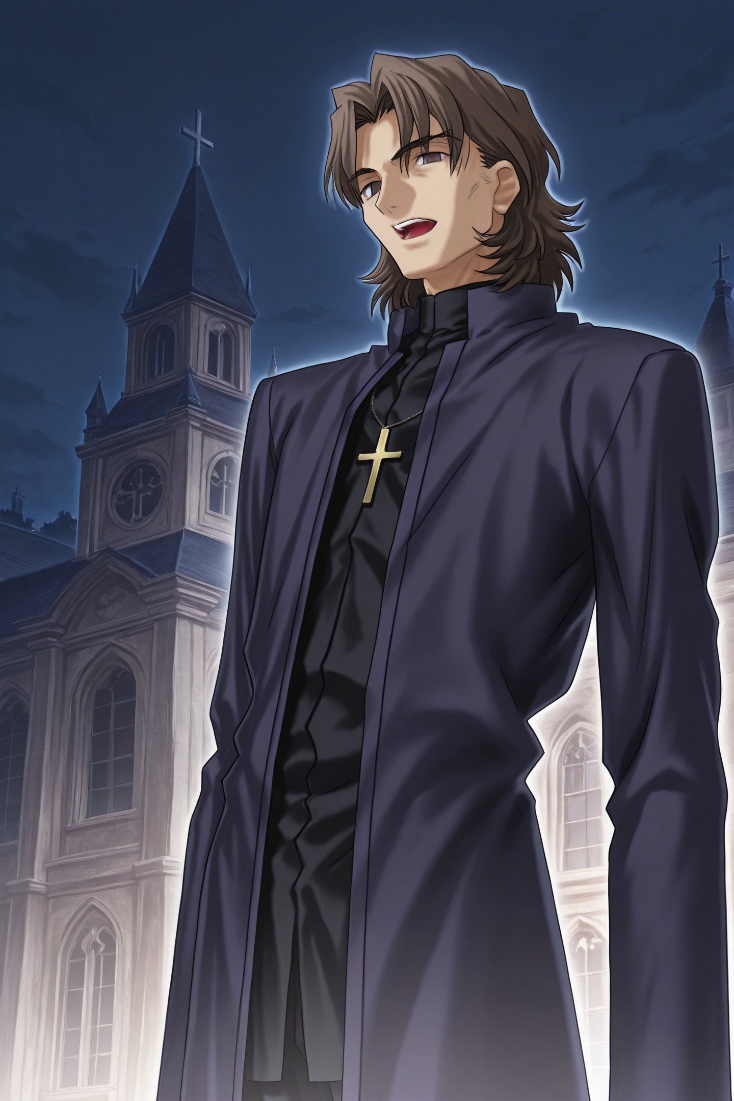 Fate stay night Style,kotomine kirei,1boy,male focus,solo,brown hair,cross,jewelry,brown eyes,necklace,cross necklace,cassock,priest,long coat,coat,night,church,outdoors,open mouth,<lora:Fate stay night_illustriousXL:1>,