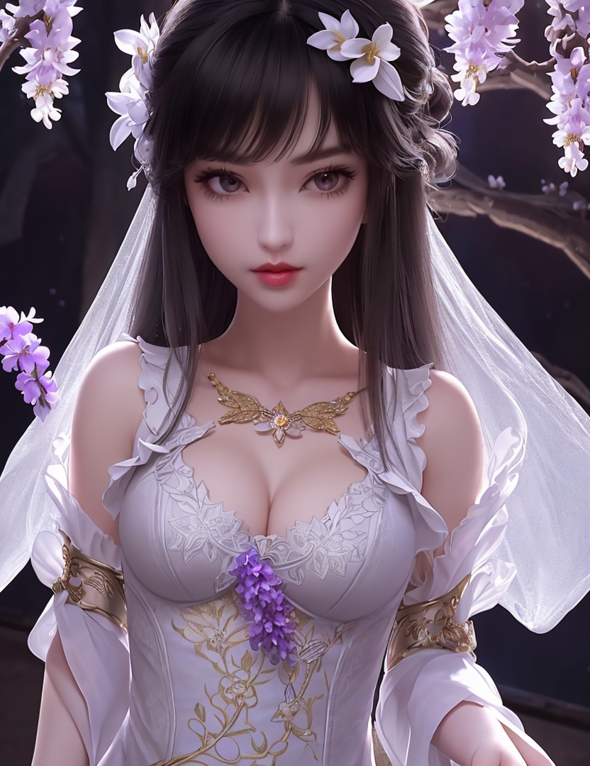ultra realistic 8k cg, picture-perfect face, flawless, clean, masterpiece, professional artwork, famous artwork, cinematic lighting, cinematic bloom, perfect face, beautiful face, fantasy, dreamlike, unreal, science fiction,   lace, lace trim, lace-trimmed legwear,  (rich:1.4), prestige, luxury, jewelry, diamond, gold, pearl, gem, sapphire, ruby, emerald, intricate detail, delicate pattern, charming, alluring, seductive, erotic, enchanting, hair ornament, necklace, earrings, bracelet, armlet,halo((,1girl, pov,))(((1girl, jewelry, solo,breasts, looking_at_viewer,  outdoors,  full moon,  upper body, wisteria, chloris garden,  cherry blossoms, )))    <lora:DA_YueChanTeen:0.6>