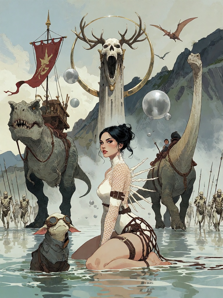 Bradhamel art style.**** A fantasy epic scene featuring a woman with dark hair tied up,  wearing intricate white mesh and...