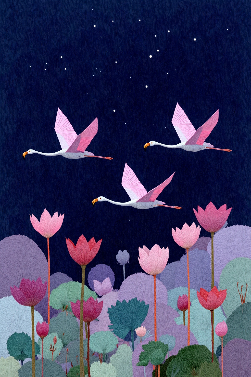 beijihui,Captured at eye-level, a medium-sized painting of a pink flamingo flying over a field of lily pads. The flamingos are flying in the sky, their wings spread wide open, while their tails are bent at the tips of their necks. The lilies are scattered throughout the painting, their vibrant colors are a mix of pink, purple, and green. The background of the painting is a deep blue, with a few stars visible in the night sky.