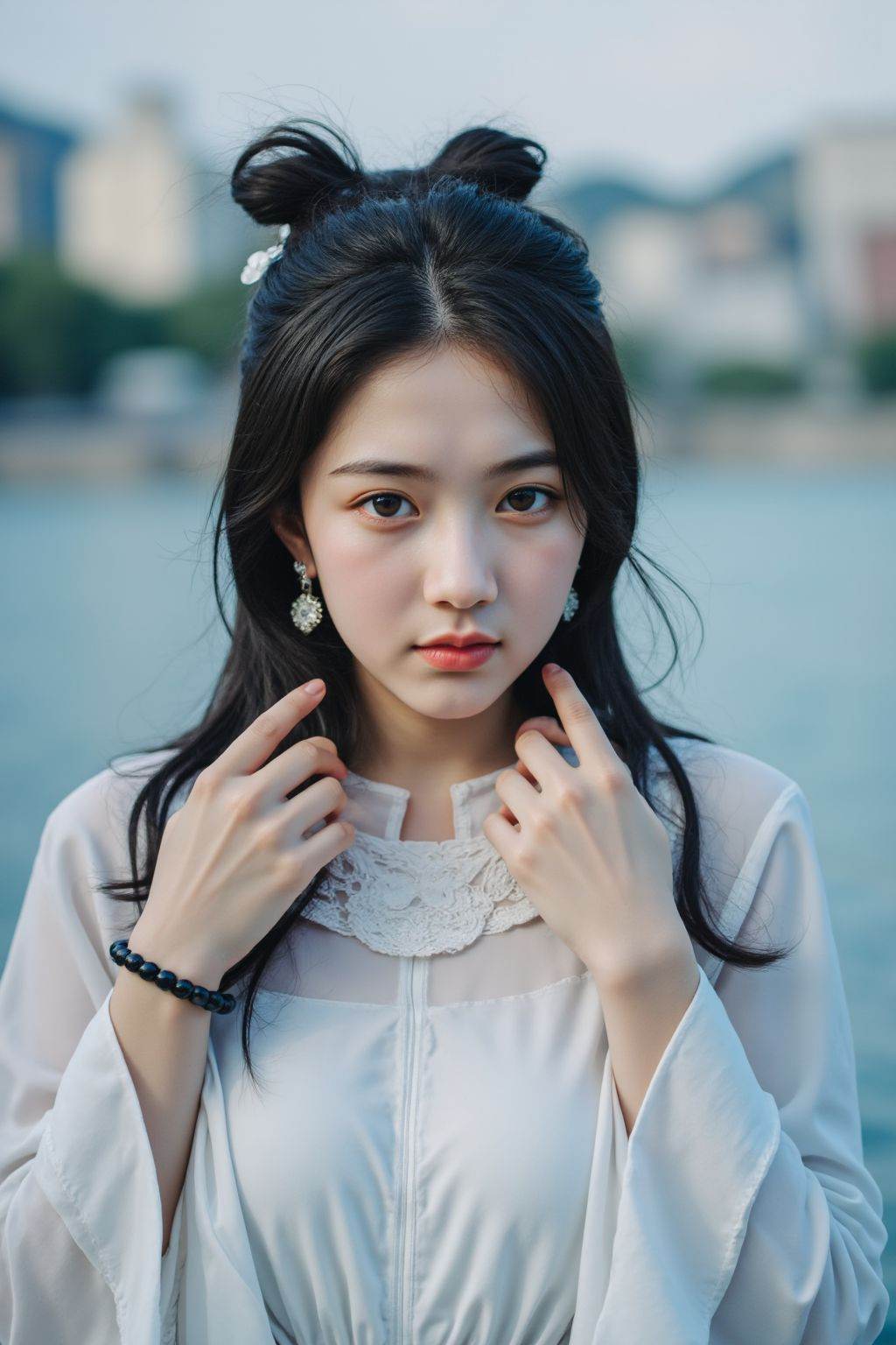 cinematic photo 1girl, teenage, jewelry, dress, long hair, hair ornament, earrings, solo, closed mouth, bracelet, black hair, brown eyes, collar, white dress, looking at viewer, upper body, chinese clothes, outdoors, river