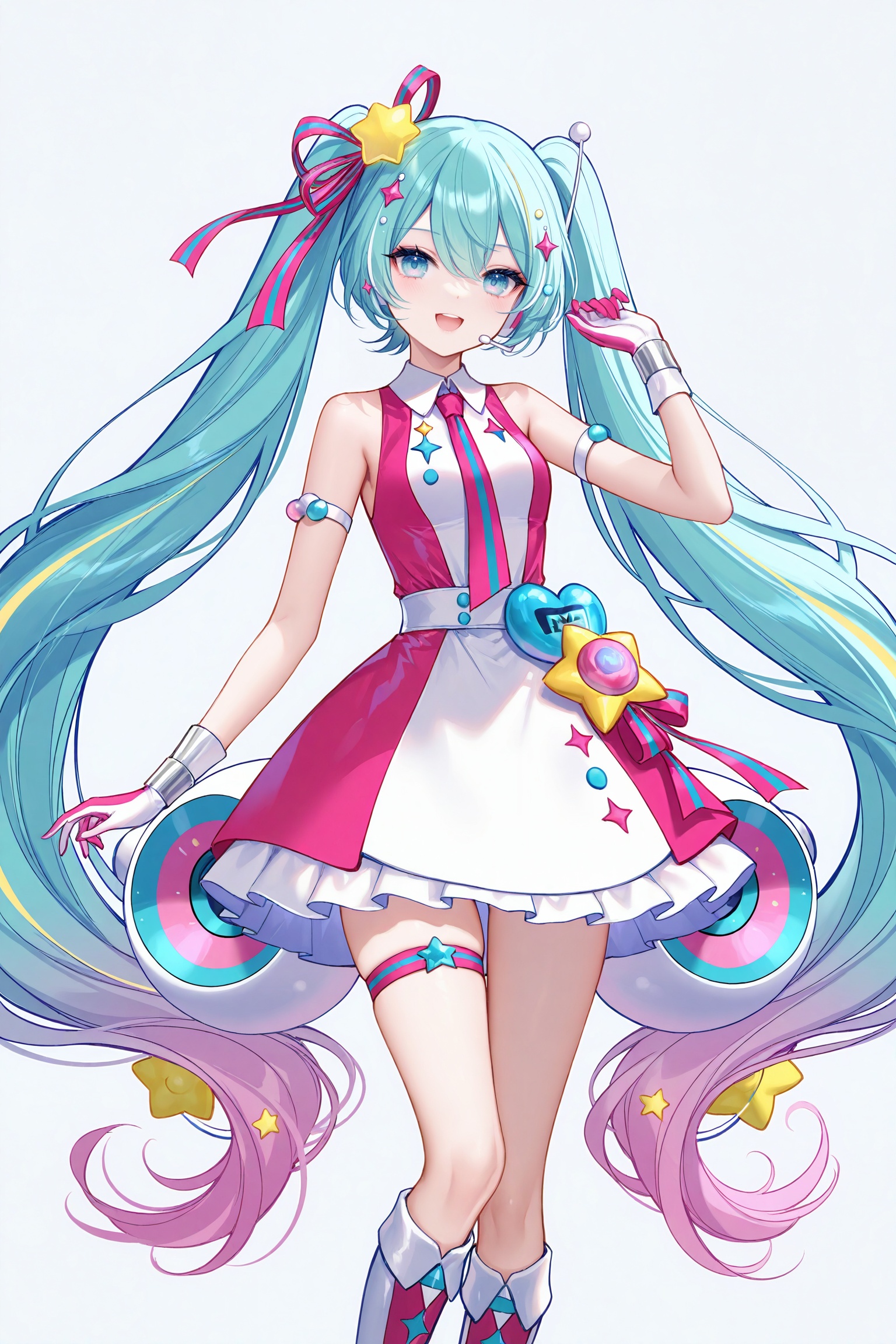 masterpiece,best quality,newest,absurdres,highres,soft shadows,photorealistic,(bison cangshu:0.5),(fuzichoco:0.6),(rimuu:0.5),(mignon:0.5),(sheya:0.6),<lora:MMM2022XLNAI:1>,magical mirai miku \(2022\),necktie,multicolored hair,hair ornaments,multicolored dress,white dress,pink dress,knee boots,thigh strap,multicolored gloves,ribbon,