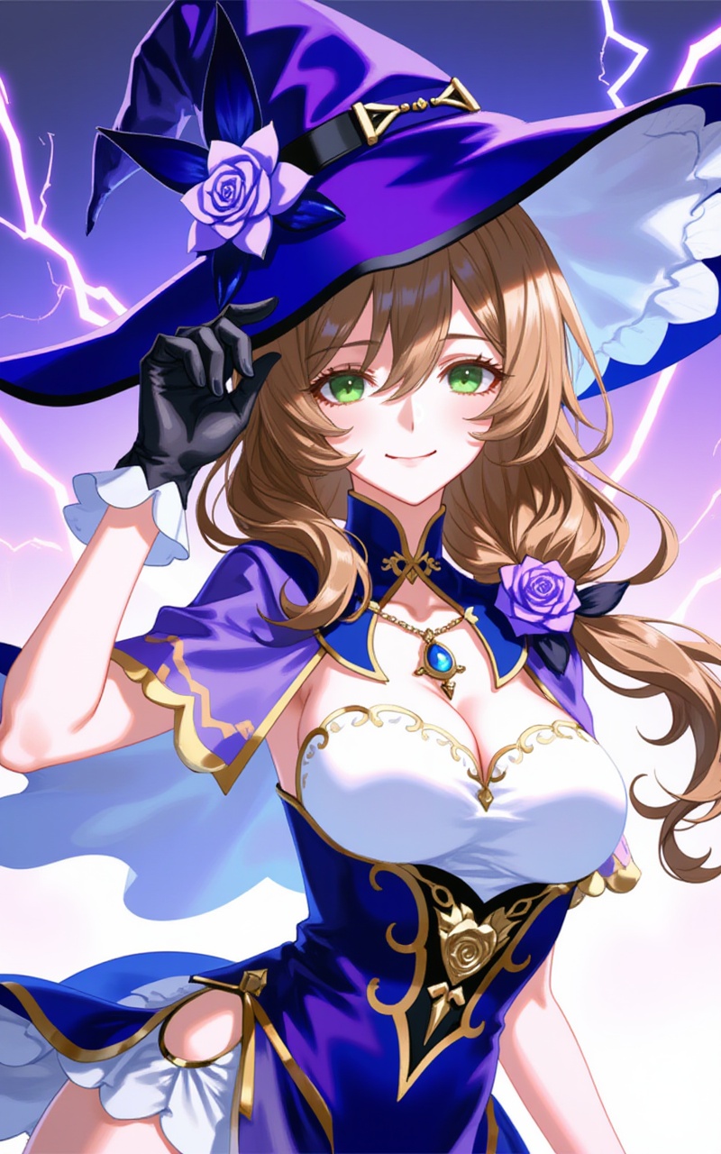 <lora:2D丽莎6:1>,lisha,1girl,lisa \(genshin impact\),breasts,solo,green eyes,hat,witch hat,gloves,cleavage,flower,brown hair,smile,looking at viewer,vision \(genshin impact\),hat belt,long hair,black gloves,purple headwear,rose,large breasts,upper body,hat flower,electricity,dress,hair flower,hair ornament,hair between eyes,witch,capelet,closed mouth,purple flower,jewelry,purple capelet,hand on headwear,multicolored dress,6,cover,simple,background,gradient_background,Close-up details,outstanding style,adding a touch of dimension to your images without compromising details,close-up,<lora:滤镜_动漫版9:0.4>,lvjing,