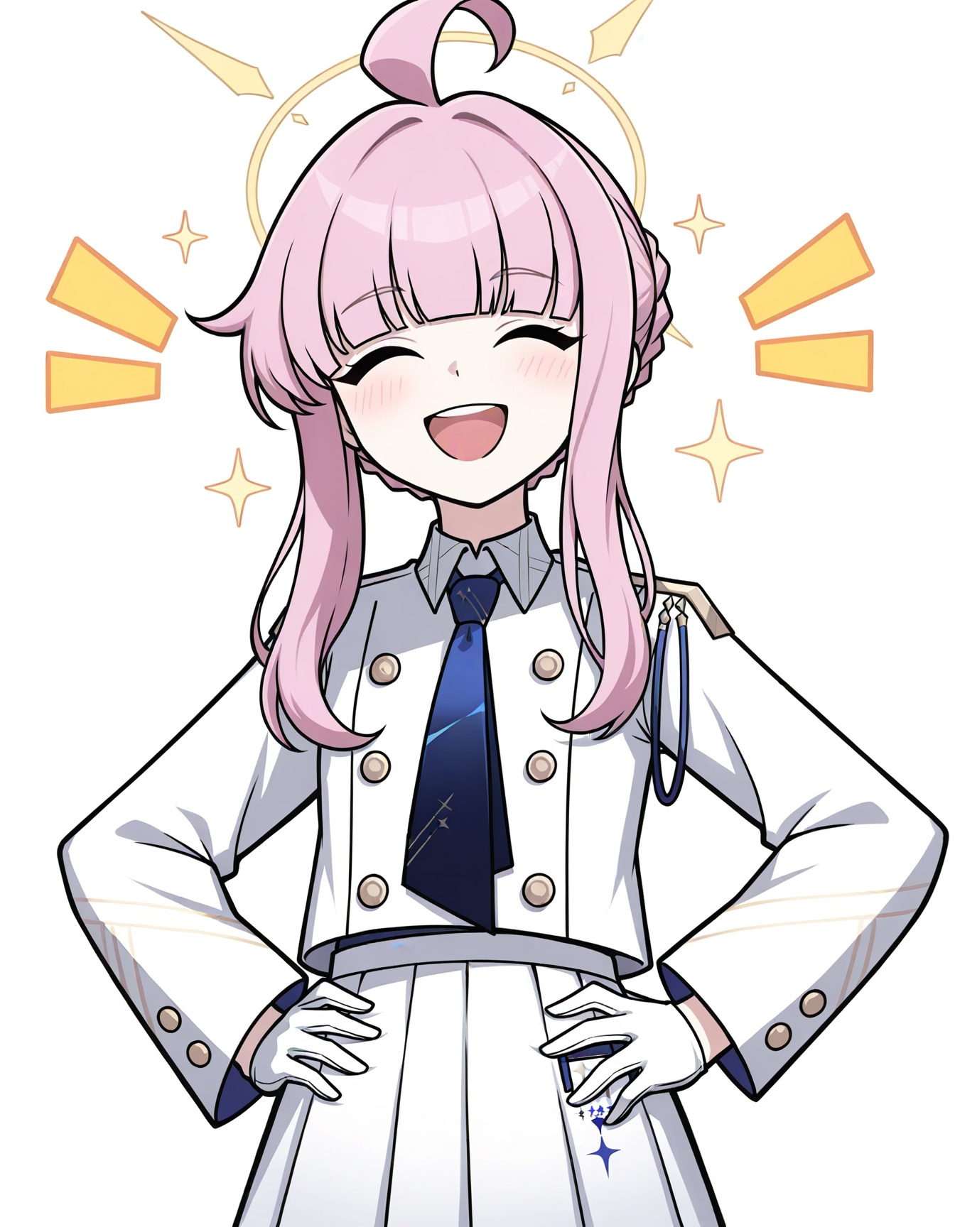 1girl,kaya \(blue archive\),kouya style, solo, ahoge, medium hair, blue necktie, skirt, collared shirt, halo, smile, pink hair, simple background, short hair with long locks, pleated skirt, upper body, shirt, braid, yellow halo, white background, facing viewer, long sleeves, hands on own hips, school uniform, closed eyes, white shirt, medium bangs, gloves, white skirt, miniskirt, braided bun, hair bun, blue shirt, blue bow, flat chest, bow, white gloves, blush, hair bow, open mouth, notice lines, teeth, sparkle, sidelocks, blunt bangs, upper teeth only, necktie