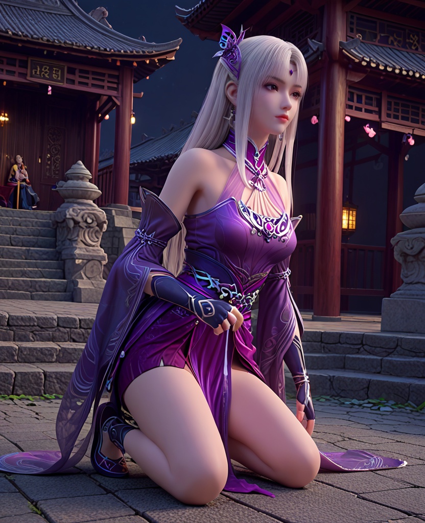 (oriental architecture, elegant decor, sophisticated style:1.1),(Kneeling, one hand on the ground, looking forward,:1.1),(breasts:1.2),<lora:XL斗破苍穹小医仙P:0.85>,elder sister,purple dress,white hair,bangs,hair ornament,bare shoulders,brown eyes,purple veil,jewelry,fingerless gloves,blue footwear,sash,cracked skin,purple eyes,, score_9,score_8_up,score_7_up,score_6_up,score_5_up,score_4_up,3d rendering,tag1,tag2, Cinematic Lighting,backlighting,