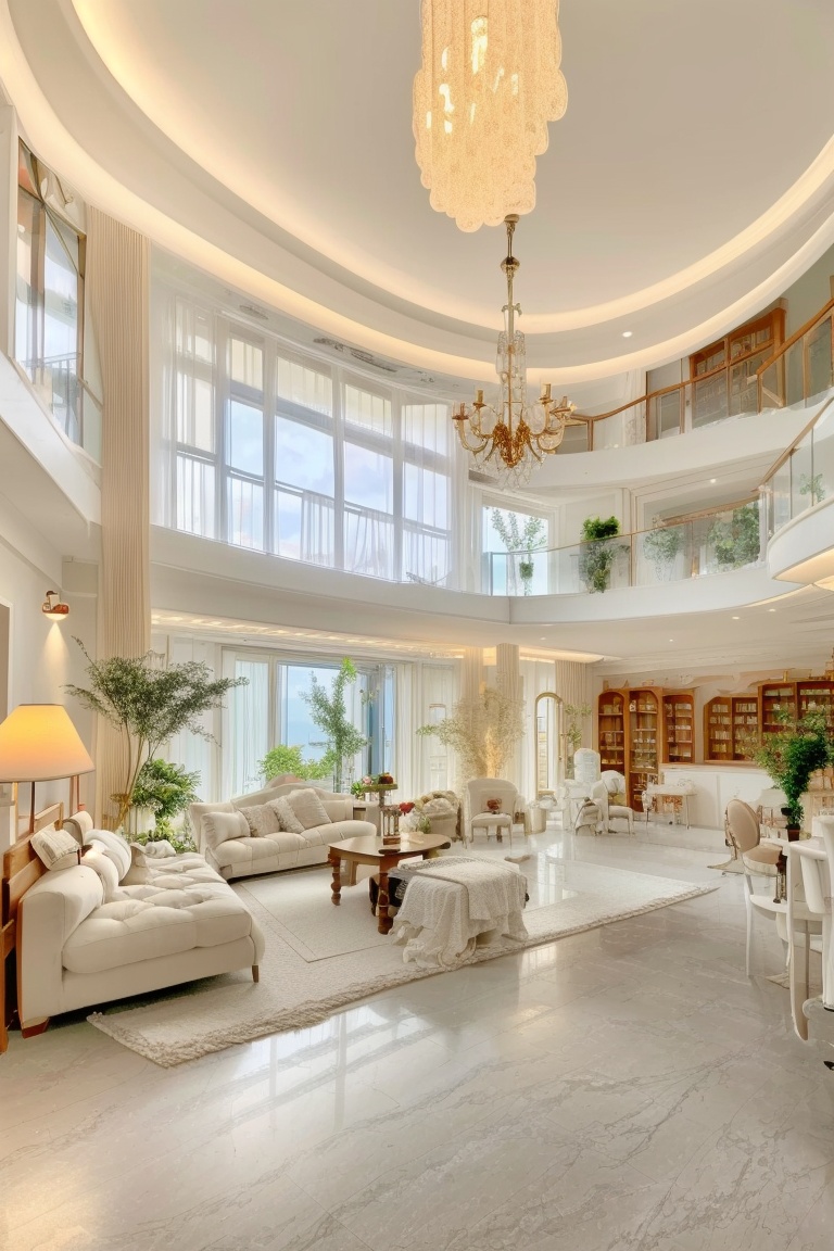 ((HRD, HUD, 8K)),((masterpiece, best quality)), highly detailed, soft light,Parlour, no humans, scenery, window, table, indoors, stairs, chair, couch, plant, plate, cup, wooden floor, sunlight, book, lamp, potted plant, <lora:20240326-1711424345012:1>