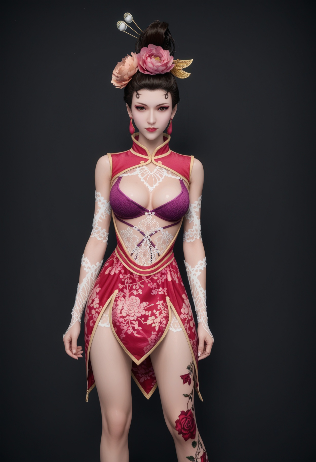 (standing full_body:1.1),score_9,score_8_up,masterpiece,(best quality),intricate details,1girl,facing viewer,(looking at viewer:1.1),<lora:YQ_pony_fanyintian_V4:0.9:lbw=1,1,1,1,1,1,1,1,1,0.8,0.8,0.1>,q1528437228,1girl,solo,black hair,hair ornament,jewelry,chinese clothes,hair flower,earrings,dress,bra,lipstick,underwear,short hair,tattoo,black eyes,eyeshadow,china dress,hair bun,anklet,gloves,brown eyes,brown hair,sleeveless,lingerie,leg tattoo,BREAKscore_9,score_8_up,masterpiece,(best quality),perfect anatomy,(hourglass),perfect face,(simple background,pure black background,black background:1.1),fair_skin,shiny_skin,Ivory_skin,