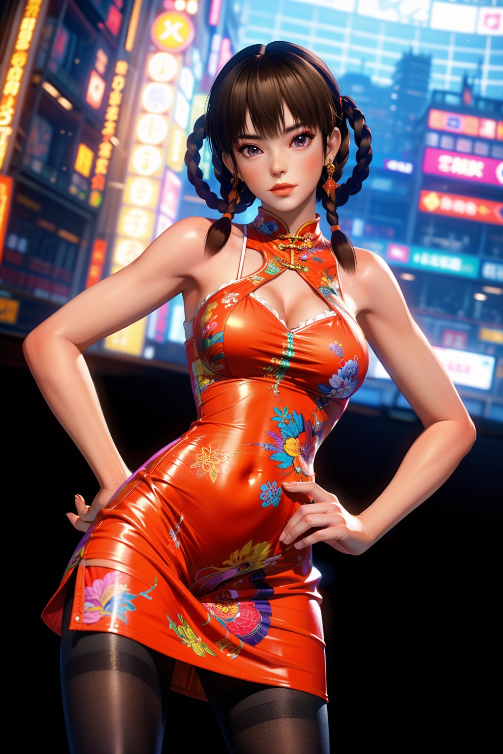 1girl,(solo:1.1),((masterpiece,high quality,best quality,8k,wallpaper,fine lineart,highly detailed,absurdres)),model,thin,cheongsam,china_dress,(pantyhose:1.1),large breasts,Bustling city,standing,hands on hips,front view,(dutch angle:1.1),(fisheye:1.2),cowboy shot,pretty hands,perfect hands,leifang,Best quality,masterpiece,ultra high res,<lora:leifang2rface-000005:0.7>,purple eyes,