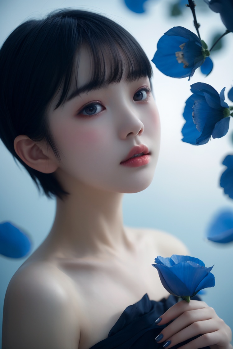1girl,short hair,close-up,solo,summer blues,melancholy,nostalgia,loneliness,petals,surreal imagery,dreamlike atmosphere,contrasting colors,complex and detailed elements,135mm,