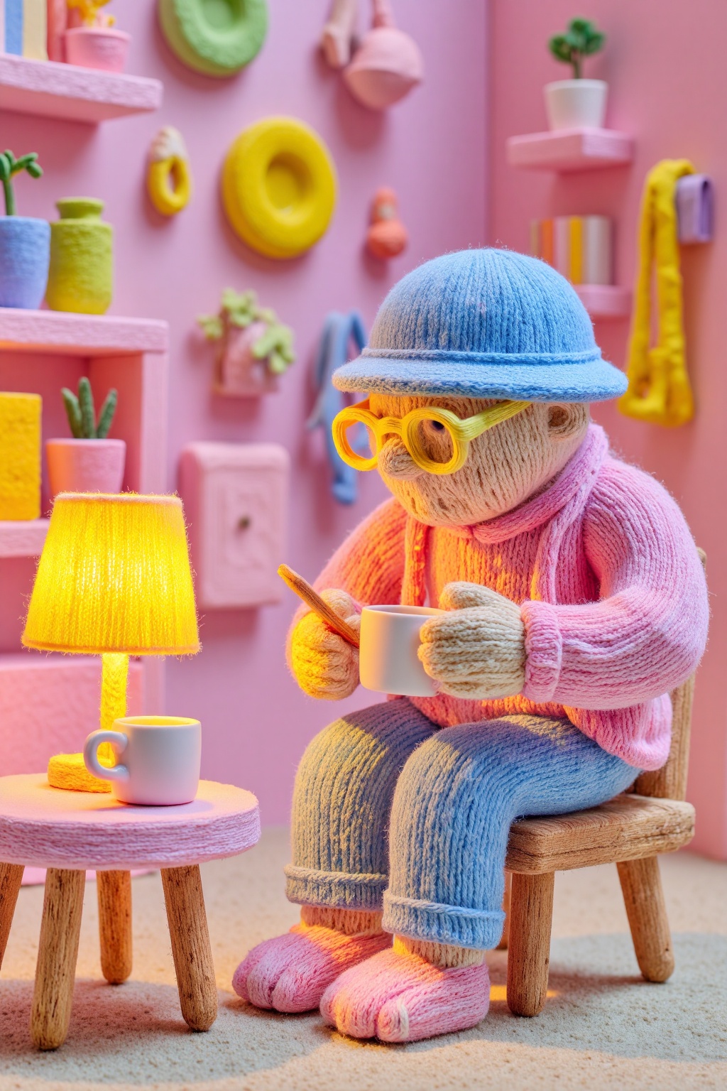 beijihui,Captured at eye-level,a close-up shot of a stuffed animal,dressed in a pink knitted sweater and pants,is seated on a brown wooden stool. The stuffed animal is holding a pen in its right hand,while its left hand rests on a white coffee mug. The animal's head is adorned with a blue knitted cap,a pair of yellow glasses,and a pink and white knitted slipper. To the left of the animal,there is a small table with a yellow lamp on it. The lamp casts a shadow on the table,adding a pop of color to the scene. In the background,a pink wall adorned with colorful knick knacks can be seen.,