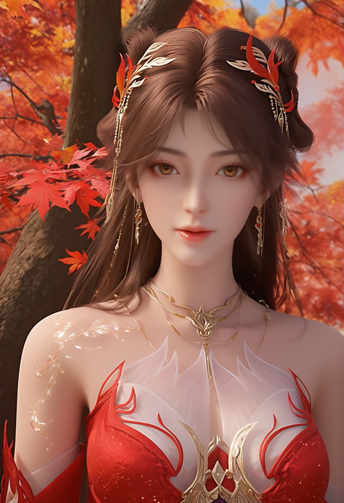 (score_9),<lora:火灵儿天神-apony-000009:0.83>,huolinger,1girl,solo,long hair,brown hair,jewelry,hair ornament,necklace,red dress,earrings,detached sleeves,clothing cutout,gold accents,brown eyes,front view,BREAK<lora:e肤色滑块:0.5>,fair_skin,(white_skin),(Ivory_skin),<lora:Expressive_H-000001:0.8>,collarbone,(glamor:1.2),(mature_female),large breasts,pointy breasts,puffy breasts,BREAK<lora:SDS-XL泛光调节器_v1.0:1.2>,in autumn,grove,(maple_tree),(maple_leaf),leaf,autumn leaves,falling leaves,branch,twig,