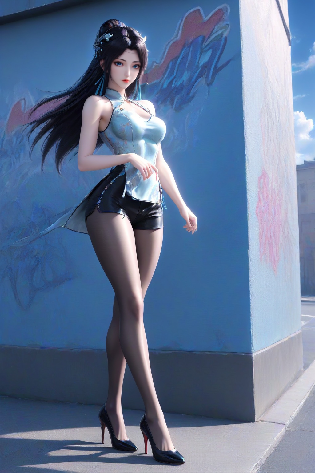 <lora:yunyun_bth_v6-000012:0.7>,yunyun_bth,1girl,solo,long hair,hair ornament,sky,medium breasts,hair bun,blue blue eyes,masterpiece,high quality,highres,absurdres,best quality,8K,high-res detailed,alternate costume,(white costume:1.2),china dress,chinese clothes,(puffy_shorts:1.2),looking at viewer,standing,dynamic pose,arm_hug,shadow,outdoors,wall,graffiti,sky,blue sky,cloud,street,<lora:DetailedEyes_V3:0.5>,<lora:sh-glossy_r2:0.5>,black_pantyhose,high heels,louboutin heels,black heels,red bottom heels,footwear,<lora:Louboutin_Heels__PONY:0.5>,