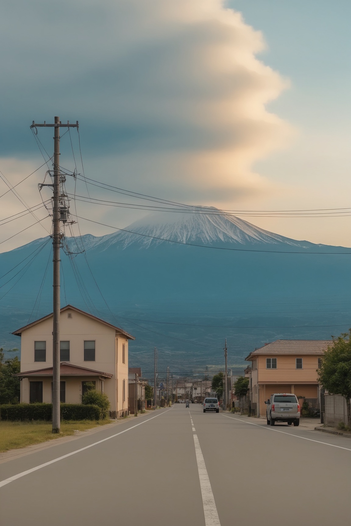 anchestreet,outdoors,scenery,no humans,road,sky,cloud,tree,utility pole,house,building,day,ground vehicle,mountain,street,<lora:Anchestreet-V1:0.7>,