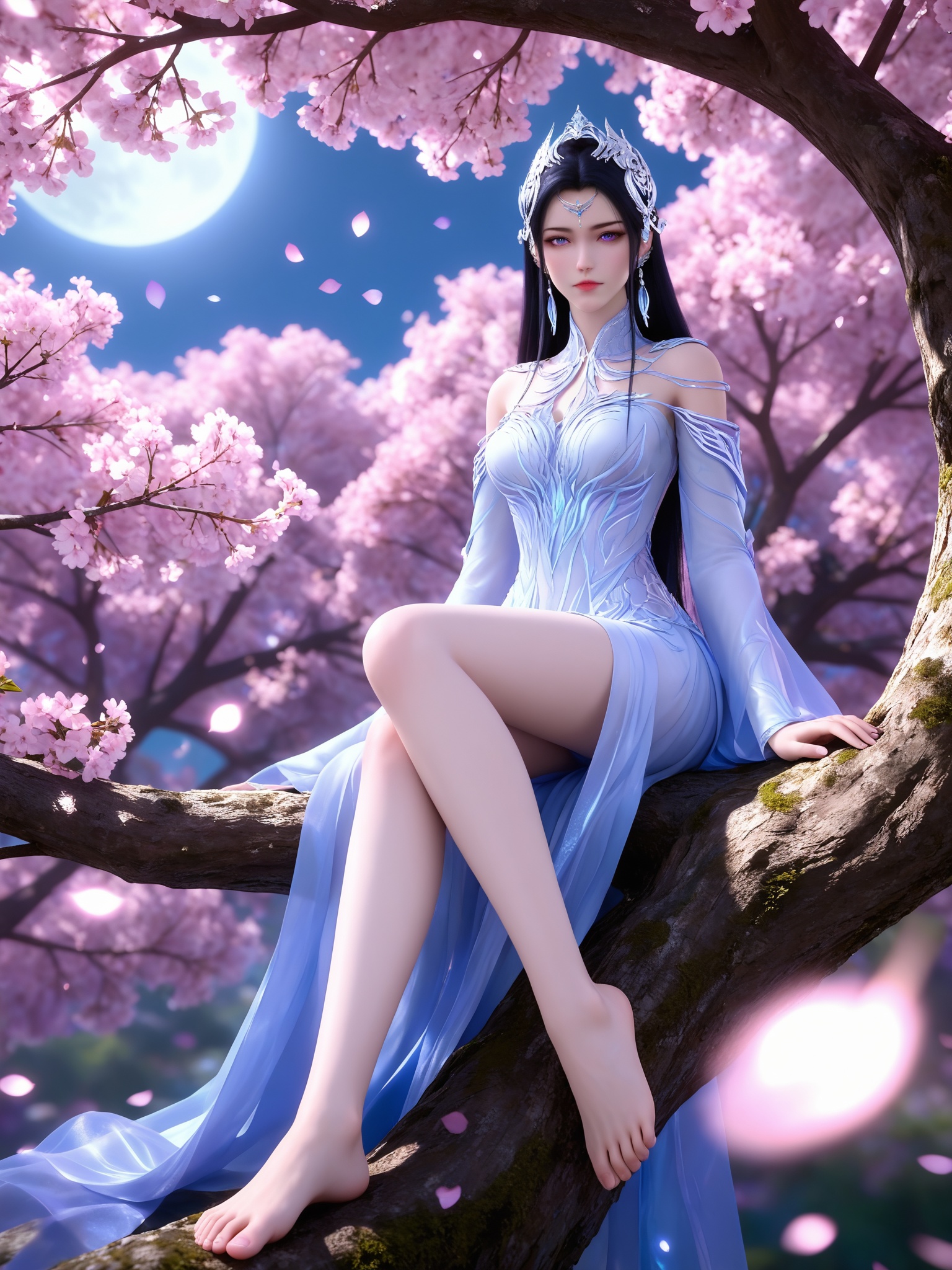 <lora:神国之上-叶婵宫pony:0.7>,1girl,long,dark hair,crown-like headpiece,purple eyes,delicate,flowing patterns of pale blue and silver,resembling intricate lacework dress,long sleeves,high,plunging neckline,barefoot,, masterpiece,best quality,solo,1girl,upper body,petals,looking at viewer,moon,branch,cherry blossoms,flower,extreme aesthetic,(quasarcake:0.7),masterpiece,best quality,good quality,newest,very aesthetic,absurdres,A shot with tension,(Visual impact,giving the poster a dynamic and visually striking appearance:1.2),impactful picture,offcial art,colorful,splash of color,movie perspective,