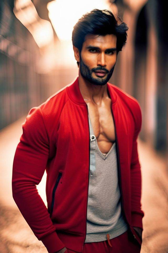 Sendhil Ramamurthy a man ,  realistic photo in a worn ((skin-revealing skimpy erotic red tracksuit,  massive hairy pecs))...