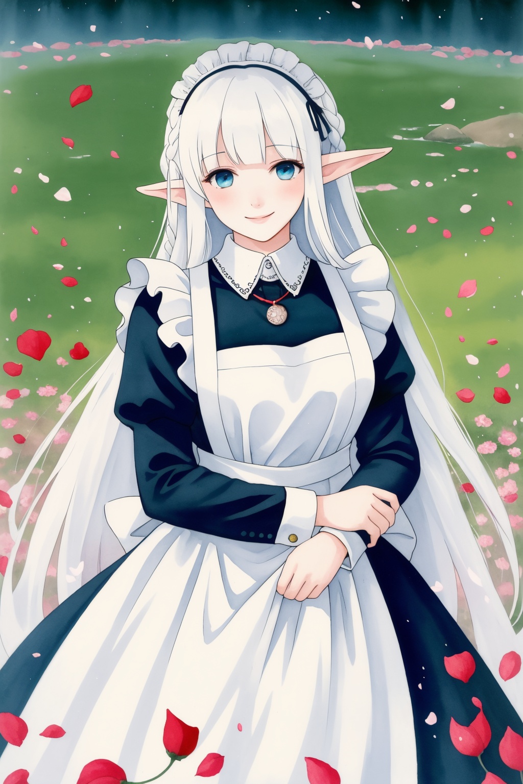 realistic,Nephelia,1girl,pointy ears,blue eyes,very long hair,white hair,elf,apron,maid,collar,braid,dress,long sleeves,frills,blunt bangs,hair ribbon,<lora:lbc_Nephelia_v1.0:0.8>,((ink)),(water color),bloom effect,detailed beautiful grassland with petal,flower,butterfly,necklace,smile,petal,(((surrounded by heavy floating petal flow))),