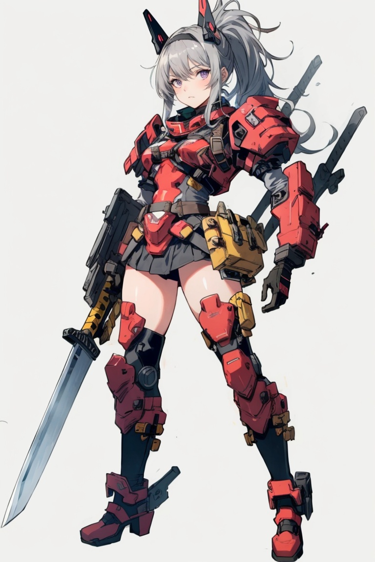 ((HRD, HUD, 8K)),((masterpiece, best quality)), highly detailed, soft light,Mecha, 1girl, solo, weapon, sword, grey background, holding, holding weapon, holding sword, mecha musume, long hair, glowing, full body, grey hair, armor, ponytail, looking at viewer, bangs, pink eyes, headgear, thighhighs, fighting stance, simple background, purple eyes, gloves, closed mouth, katana, high heels, science fiction,﻿ <lora:20240427-1714184585124:0.7>