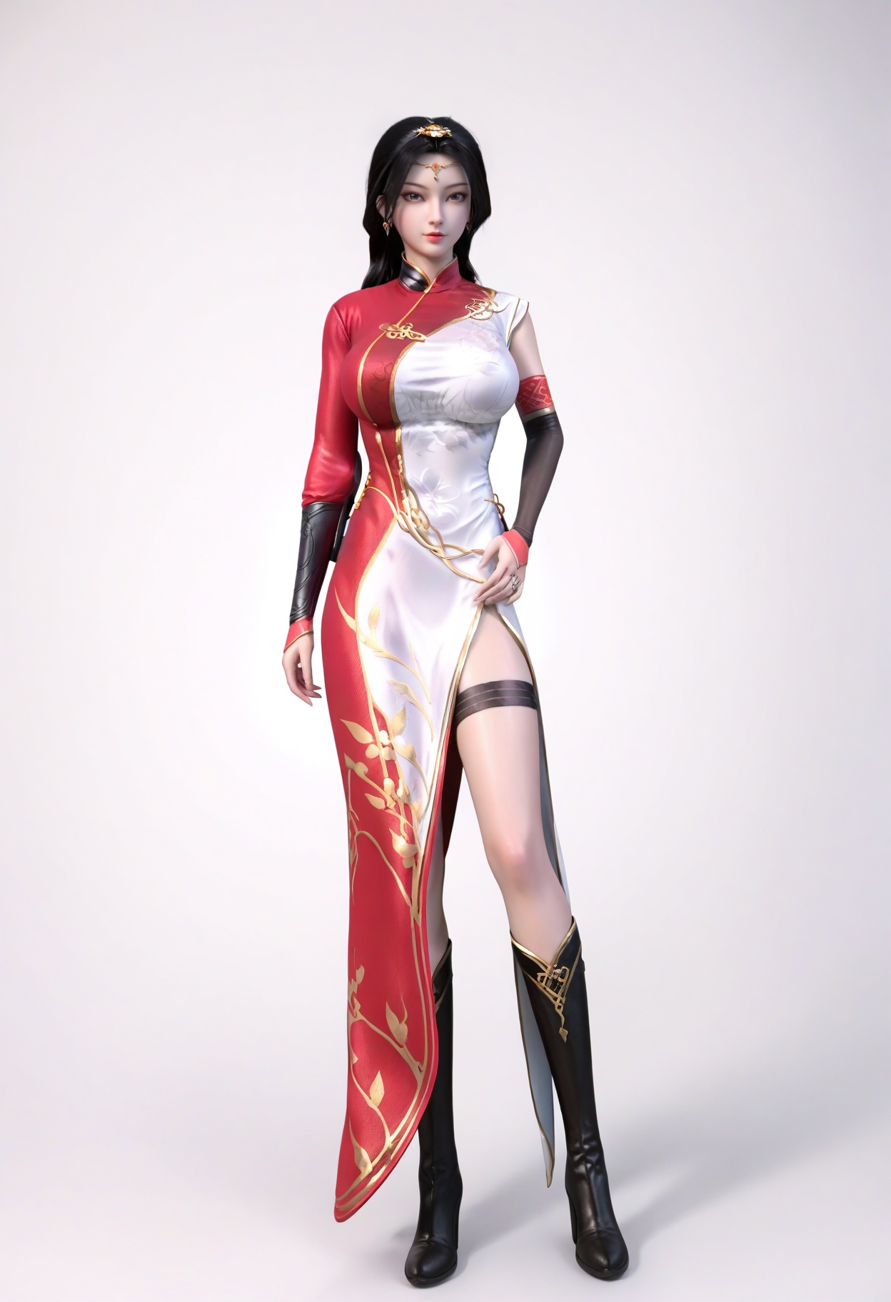 score_9,<lora:SF_HaoTianShiYue_Pony_Realism2.3-000004:0.7>,hair ornament,black hair,dress,asymmetrical sleeves,1girl,breasts,large breasts,china dress,red dress,white dress,solo,looking at viewer,white background,simple background,full body,black boots,