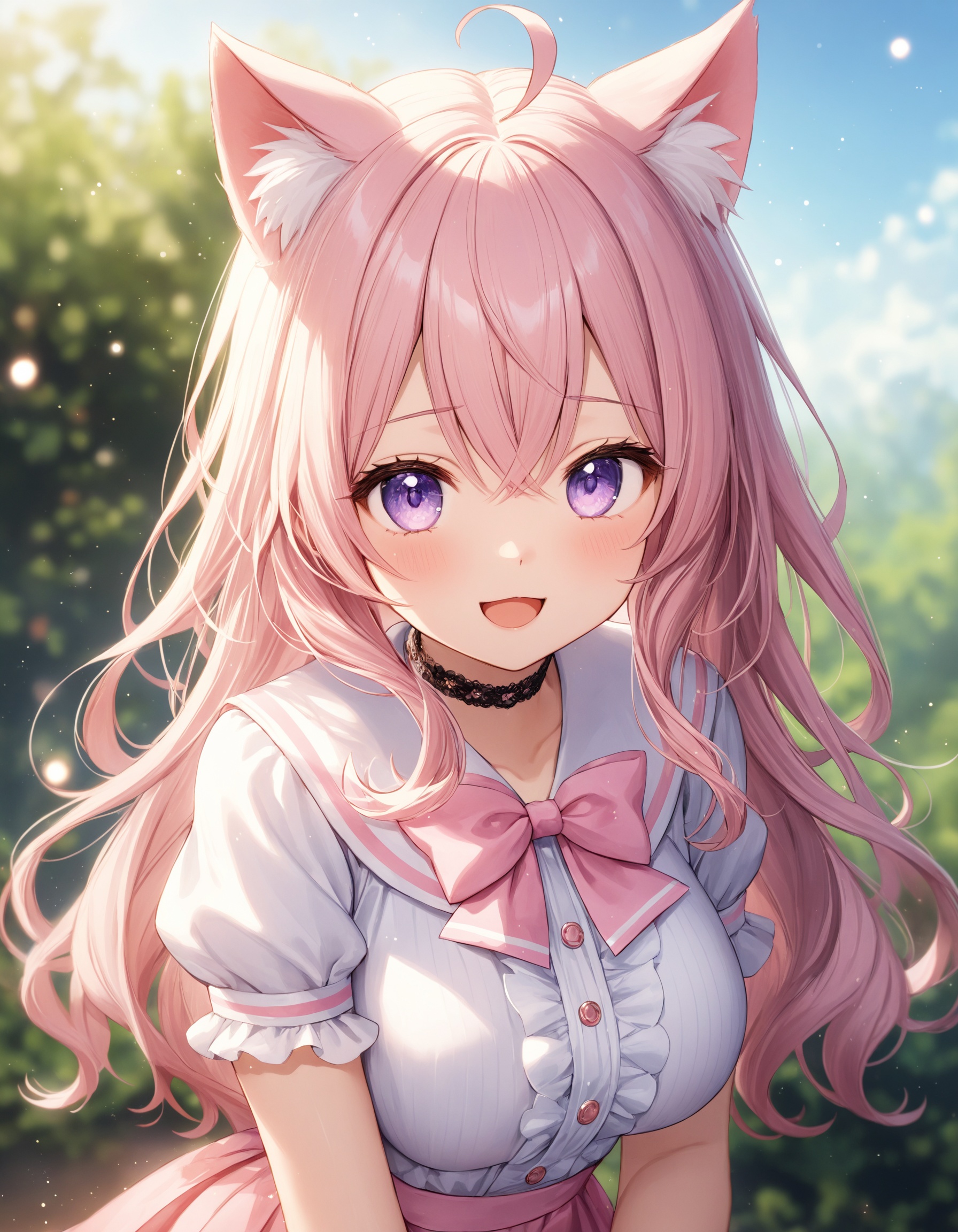 Depth of field. Upper body shot. Shooting from front. 1 cute girl. Solo. . Detailed pale purple eyes. Tareme. Detailed bod...