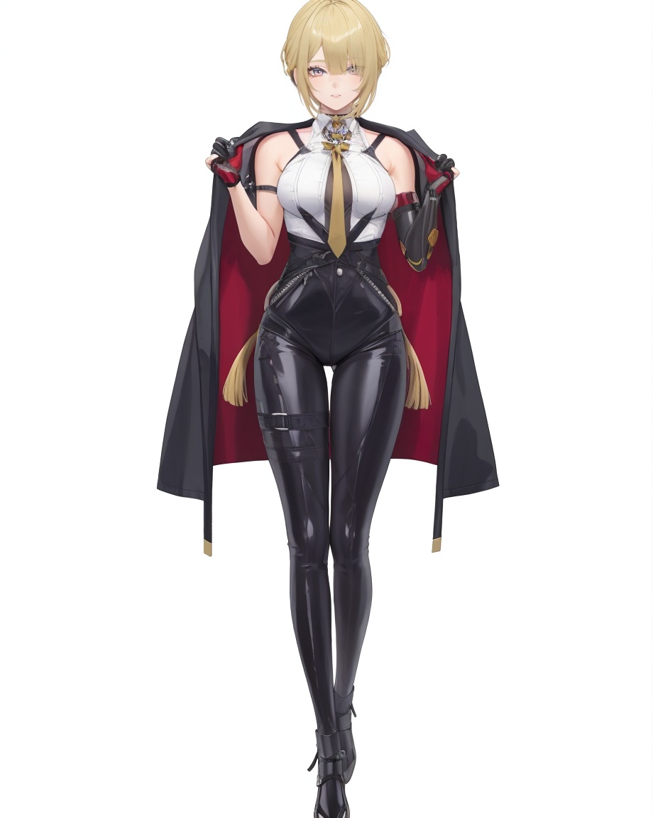 8k,best quality,masterpiece,(ultra-detailed),(high detailed skin),(by nanoless, by misumi \(macaroni\),:0.5),A full-body portrait of a young girl,standing gracefully,pastel art style,high-key lighting,shoujo manga influence,hd quality,delicate details,full body,full shot,standing,looking at viewer,(solo:1.2),simple background,white background,<lora:Evelyn-sd-Tanger-000019:0.8>,Evelyn \(zenless zone zero\), clothes: def Evelyn clothes, Evelyn jacket, 1girl, gloves, blonde hair, necktie, short hair, black pants, black footwear