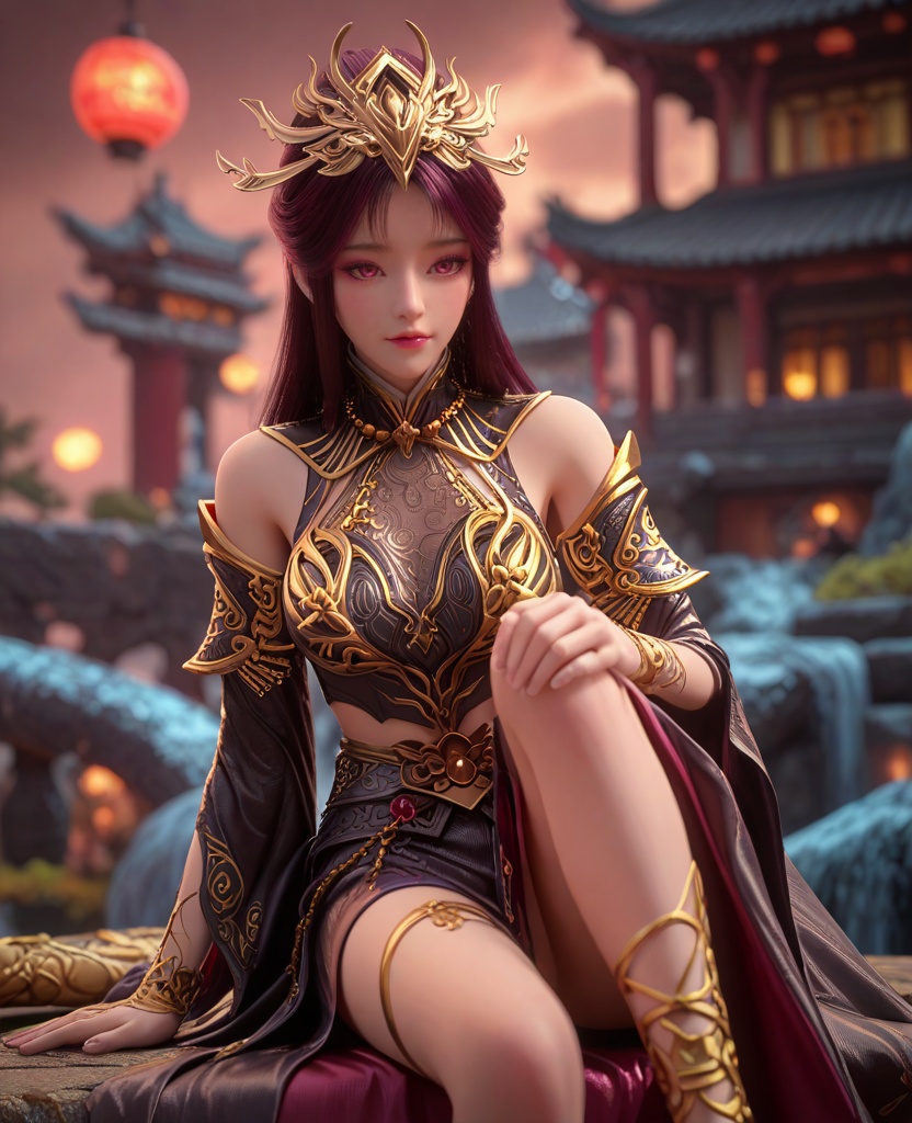 (oriental architecture, elegant decor, sophisticated style:1.1),(hands on knees:1.1),(breasts:1.2),<lora:XL百炼成神毒血夫人:0.95>,miss duxuefuren,hair ornament,long hair,purple hair,breastplate,skirt,pink eyes,jewelry,teeth,bare shoulders,breasts,detached sleeves,necklace,, zPDXL2, score_9, score_8_up, score_7_up BREAK realistic, masterpiece,best quality, highly detailed,, zPDXL3, zPDXL2,zPDXL, zPDXLxxx, zPDXLrl,