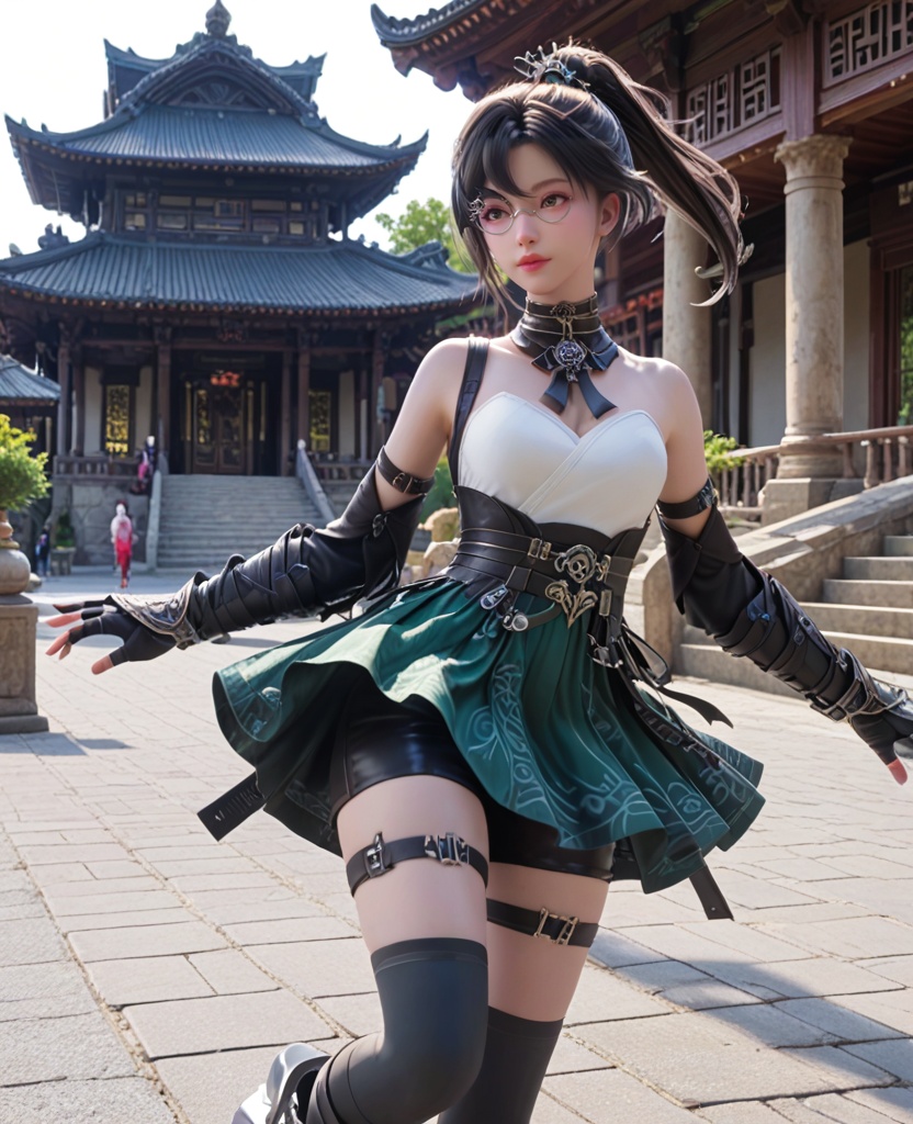 (oriental architecture, elegant decor, sophisticated style:1.1),(skating,Rollerblades:1.1),(breasts:1.2),<lora:XL逆水寒玄机掌门宋邀星>,miss xuanji,black hair,glasses,ponytail,choker,detached collar,tube top,long hair,green overskirt,black shorts,sash,thigh strap,black thighhighs,elbow gloves,lips,, score_9,score_8_up,score_7_up,score_6_up,score_5_up,score_4_up,3d rendering,tag1,tag2, Cinematic Lighting,backlighting,