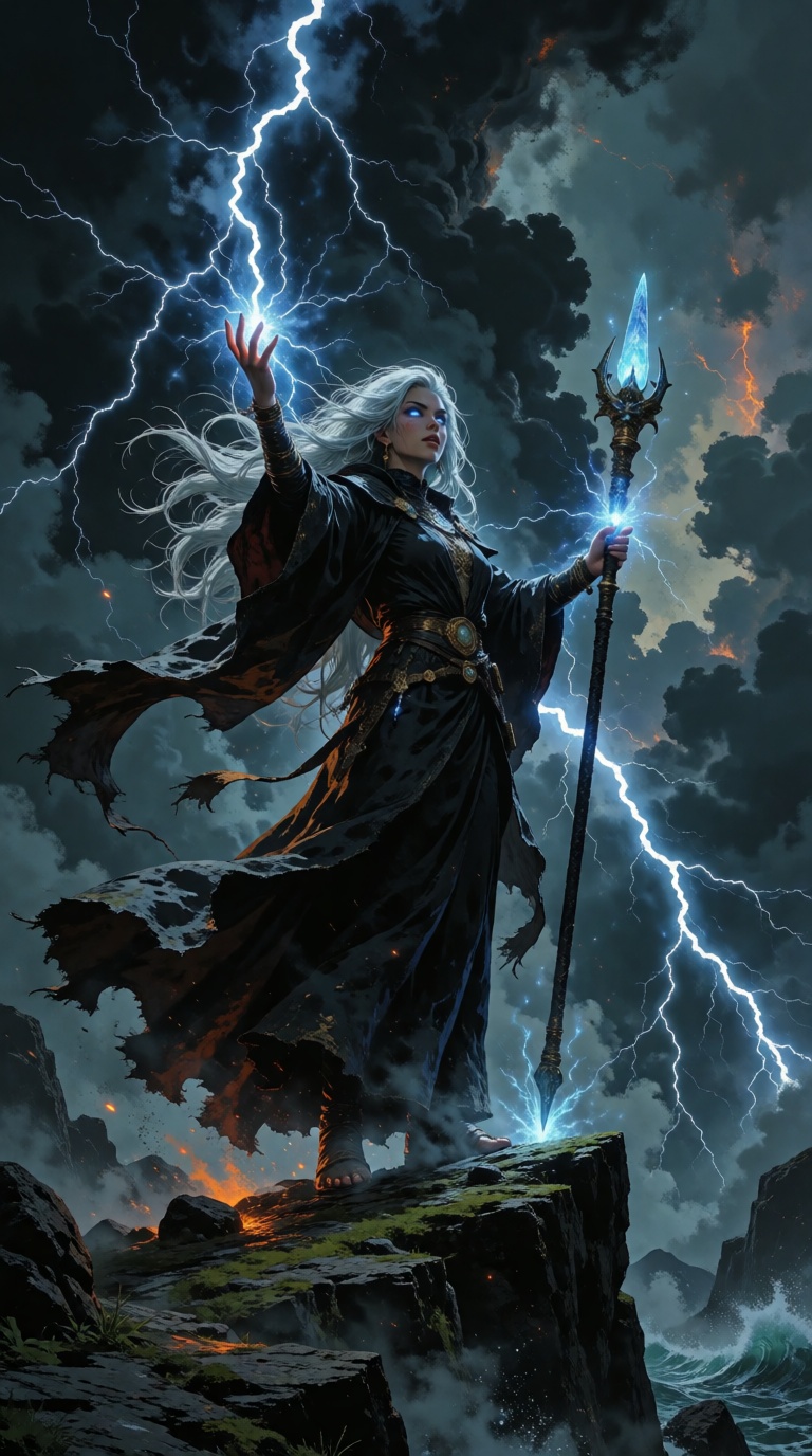 V1nt4geStyle,  fierce sorceress stands on a cliffside,  her flowing robes whipping wildly in the wind as she raises her ha...