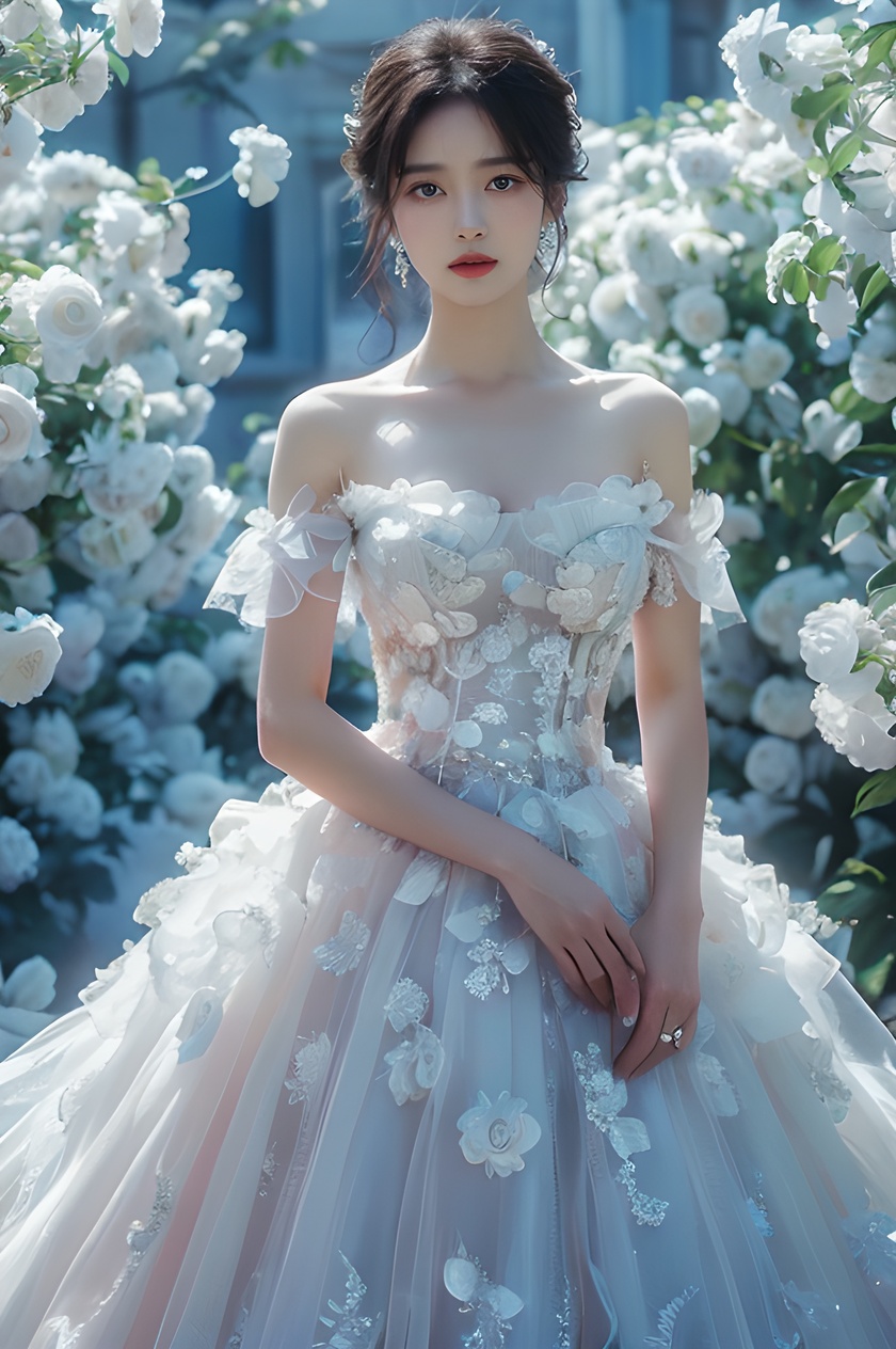 (best quality, masterpiece:1.3),1girl,dress,solo,flower,white flower,breasts,earrings,black hair,cleavage, (looking_at_viewer:1.4),(eye-contact:1.4), jewelry: spring_flower, (blue wedding dress:1.4), Tindal Light, <lora:YG花海:0.7>