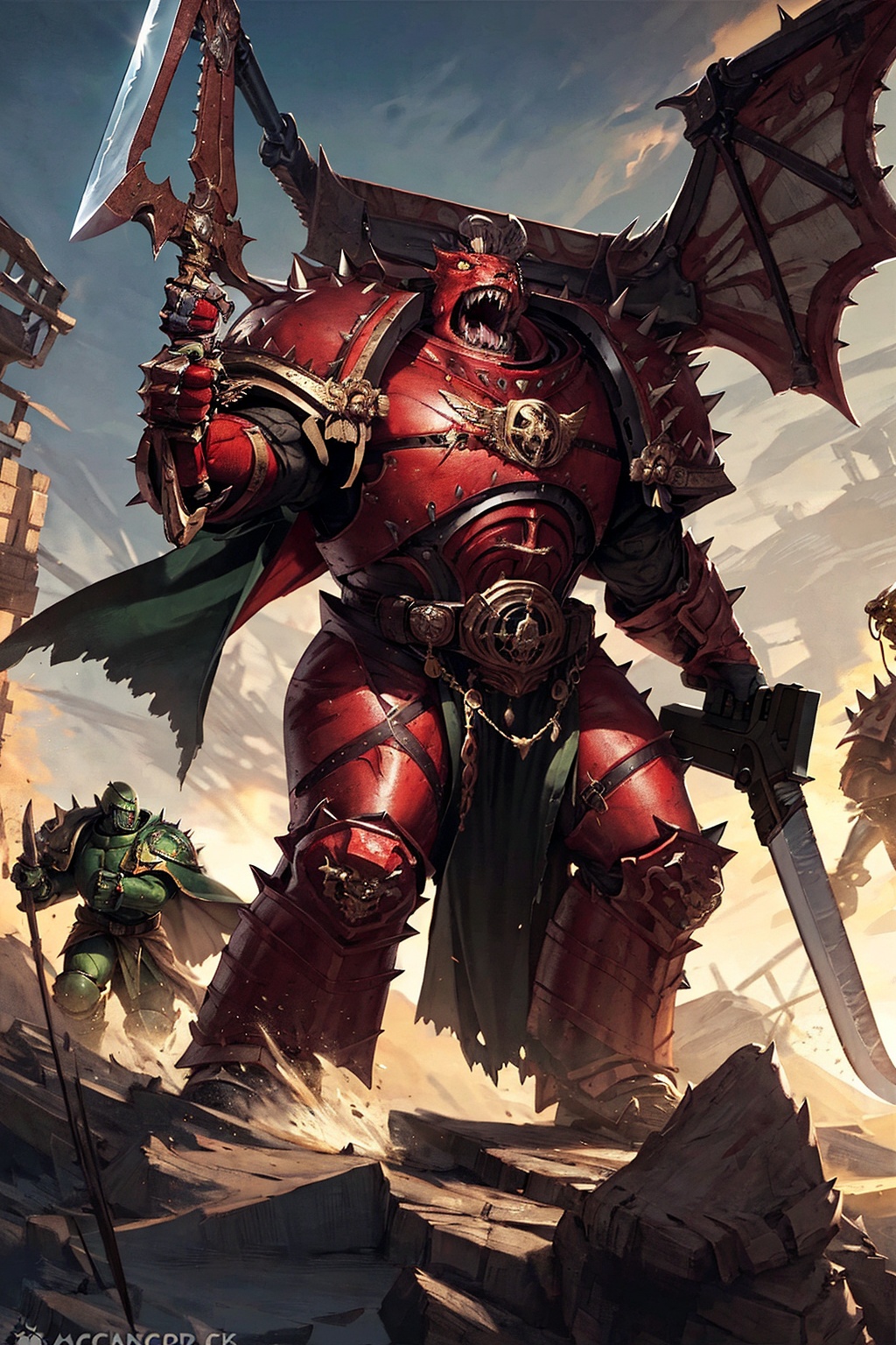 animal,armor,bow (weapon),cape,fangs,gauntlets,green eyes,gun,helmet,holding,holding gun,holding sword,holding weapon,kp,mace,monster,multiple boys,power armor,realistic,solo,spikes,staff,sword,teeth,watermark,weapon,<lora:kp_战锤插画V1:0.8>, kp,