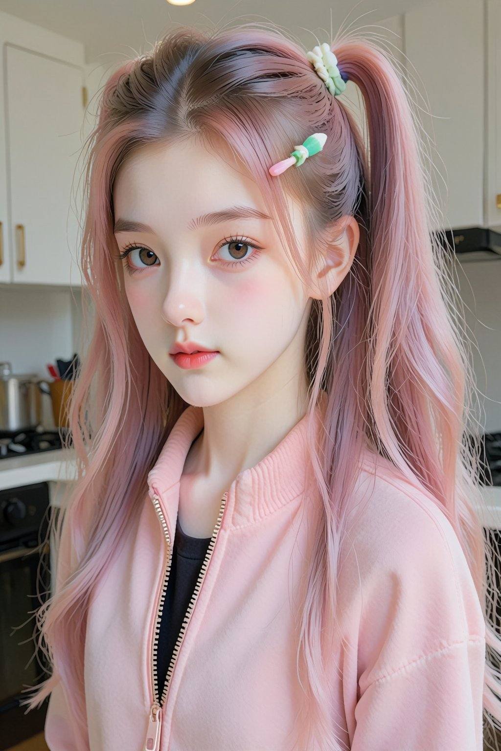 This is a high-resolution photograph of a young Asian woman with a fair complexion and long,  wavy,  pastel pink hair styl...