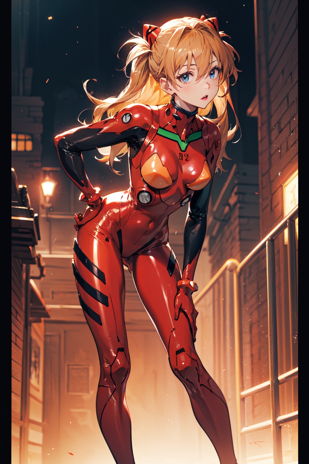<lora:Asuka-000018:0.8>,Asuka CYQL,1girl,looking at viewer,solo,long hair,blue eyes,interface headset,brown hair,orange hair,hair between eyes,two side up,medium breasts,(Asuka Red,plugsuit,bodysuit,red bodysuit,floating hair,skin tight,long legs,two-tone sleeves),(moaning:1.2),beautiful face,beautiful eyes,glossy skin,shiny skin,(full_shot,front view,leaning forward:1.2),hand on hip,Ancient theater, Shadow puppetry, Dusk, Storytelling, Cultural heritage,Tulips,beautiful detailed sky,beautiful detailed glow,(English text:1.3),(border:1.5),posing in front of a colorful and dynamic background,(masterpiece, best quality, beautiful and aesthetic:1.3),contrapposto,female focus,fine fabric emphasis,wallpaper,fashion,Lipstick,depth of field,intricate_detail,finely_detailed,fine_fabric_emphasis,(glossy),<lora:增强减少细节add_detail:0.3>,