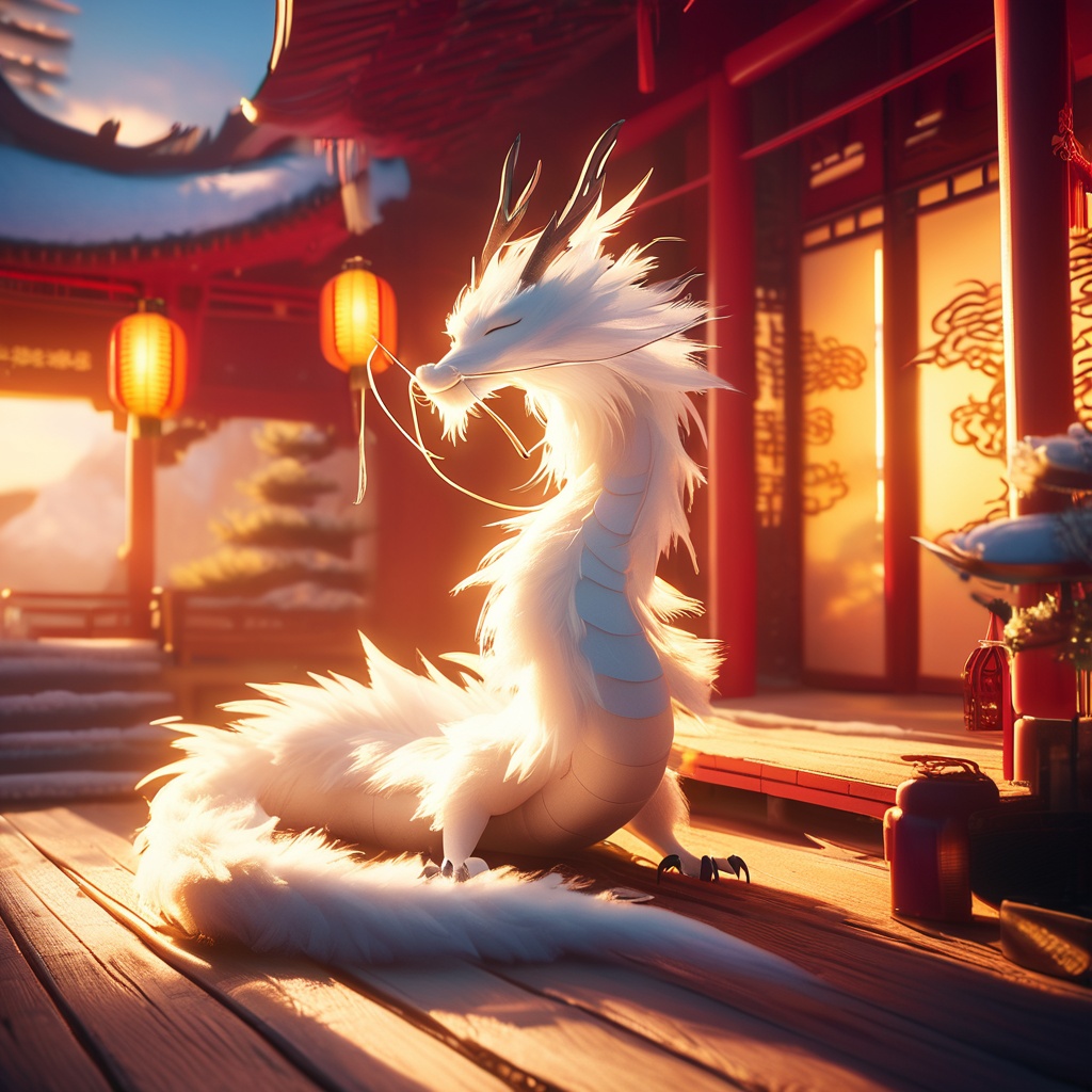 eastern dragon, soft lighting, white fur, antlers, whimsy and dramatic lighting, warm colors, mf-movie-filter, cc-color-correction, cute, whiskers, sunset, eastern dragon focus, claws, chinese zodiac, east asian architecture, no humans, dragon, indoors, lantern, scenery, sitting, solo, horns, blurry, closed eyes, wooden floor, tree, sky, day, from side, architecture,<lora:chenglong_xl:0.8>,