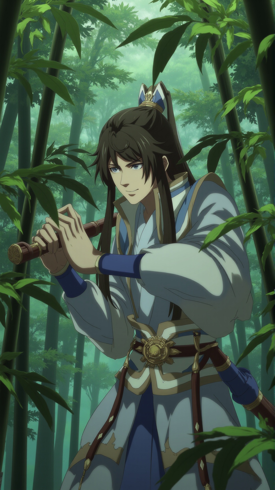 1boyl,holding sword,bamboo,bamboo forest,nature,forest,outdoors,<lora:F1-baixiaochun:0.8>,realistic,reality,