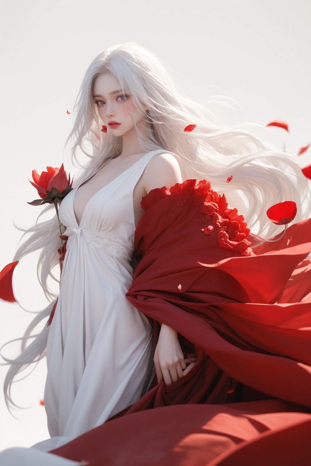 1girl,red eyes,white long translucent night gown,expressionless,(white hair),hair cover one eye,long hair,red hair flower,kneeling on lake,blood,(plenty of red petals:1.35),(white background:1.5),(English text).,