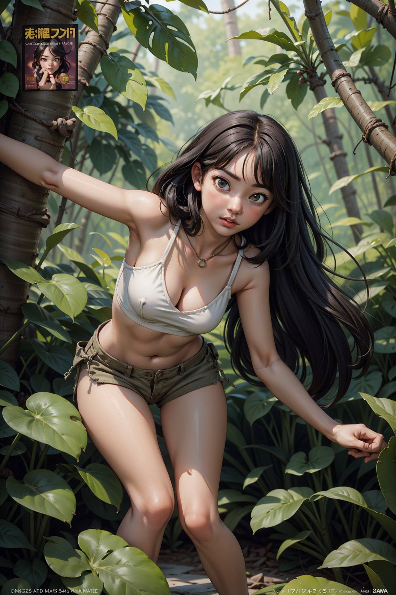 a girl in the jungle,  comic cover style,  action pose on Tensor.Art